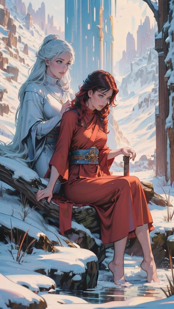 fantasy art, photorealistic, D&D art, larry elmore style, a picture of a female monk sitting cross-legged and meditating on a snowy mountain, on top of a snowy mountain there is a human woman monk wearing monk garbs, meditating near a bonfire (best details, Masterpiece, best quality :1.5) in a snowy forest (best details, Masterpiece, best quality :1.5), red hair, long hair, full body (best details, Masterpiece, best quality :1.5), ultra detailed face (best details, Masterpiece, best quality :1.5), ultra feminine (best details, Masterpiece, best quality :1.5), exquisite beautiful (best details, Masterpiece, best quality :1.5) red hair, long hair, braided hair, pale skin, blue eyes, intense eyes, ultra best realistic, best details, best quality, 16k, [ultra detailed], masterpiece, best quality, (extremely detailed), ultra wide shot, photorealism, depth of field, hyper realistic painting, 3D rendering, gl0w1ngR