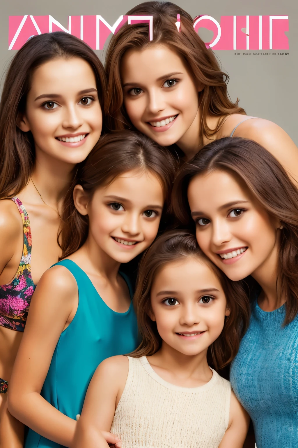 A mother and her daughters, brown hair on a magazine cover, vibrant colors, high-resolution, realistic portrayal, fashion-forward, loving bond, trendy attire, captivating smiles, natural beauty, professional lighting, contemporary style, artistic composition