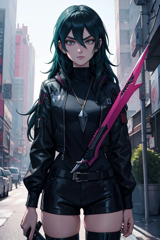 byleth, long hair, modern clothes, cyberpunk, holding the sword of the creator