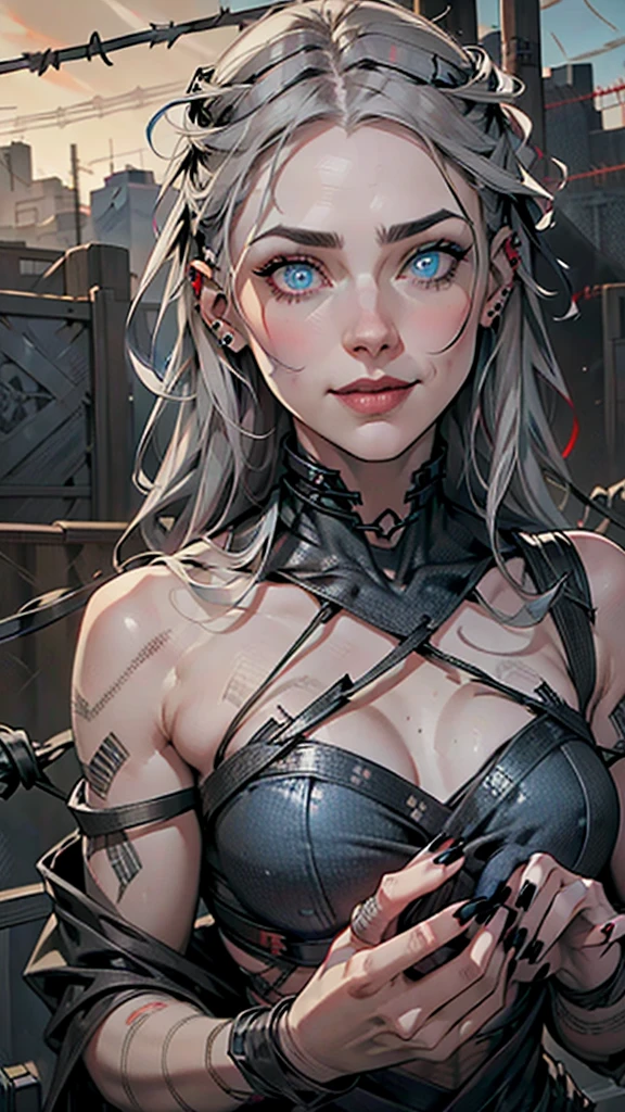 Beautiful young grey-haired woman with piercing red and blue eyes, Half smile with full lips, Black nails, Barbed wire everywhere(Wrapped in black barbed wire),Reading eyes,blue eyes, (Different eyes), (Heterochromia)