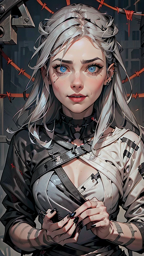 Beautiful young grey-haired woman with piercing red and blue eyes, Half smile with full lips, Black nails, Barbed wire everywhere(Wrapped in black barbed wire),Reading eyes,blue eyes, (Different eyes), (Heterochromia)
