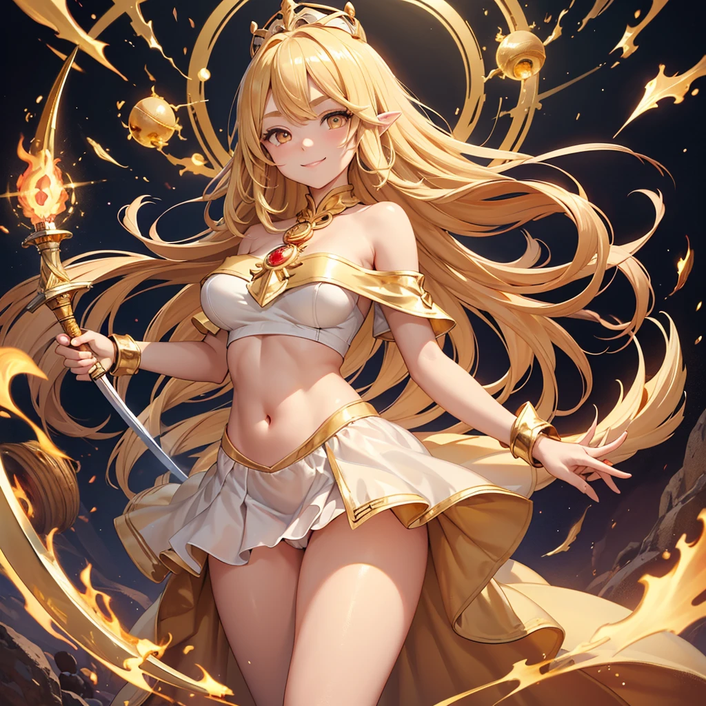 ​masterpiece、top-quality、(Blonde colored long hair、I have bangs:1.1)、(25 year old woman)、 (gold eyes:1.5)、(Big round eyes:1.5)、(Emphasis on the :0.5)、(modest smile expression:1.3)、(Staring:1.5)、(Close-up of the subject's face:0.5)、
golden flame wizard dress、wizard’s wand with red gem、flame wizard hat、floating fireballs、
five perfect and beautiful fingers、Bust Shot、
Alone、Open your mouth、Fearless smile、(middle :1.0)、(Glowing Skin:1.2)、(dynamic pose hand holding a sword gripping one Rapier in hand:1.3)、Uplifting、Have a rapier grip、midriff peek、Off the shoulder、(Camel toe)、