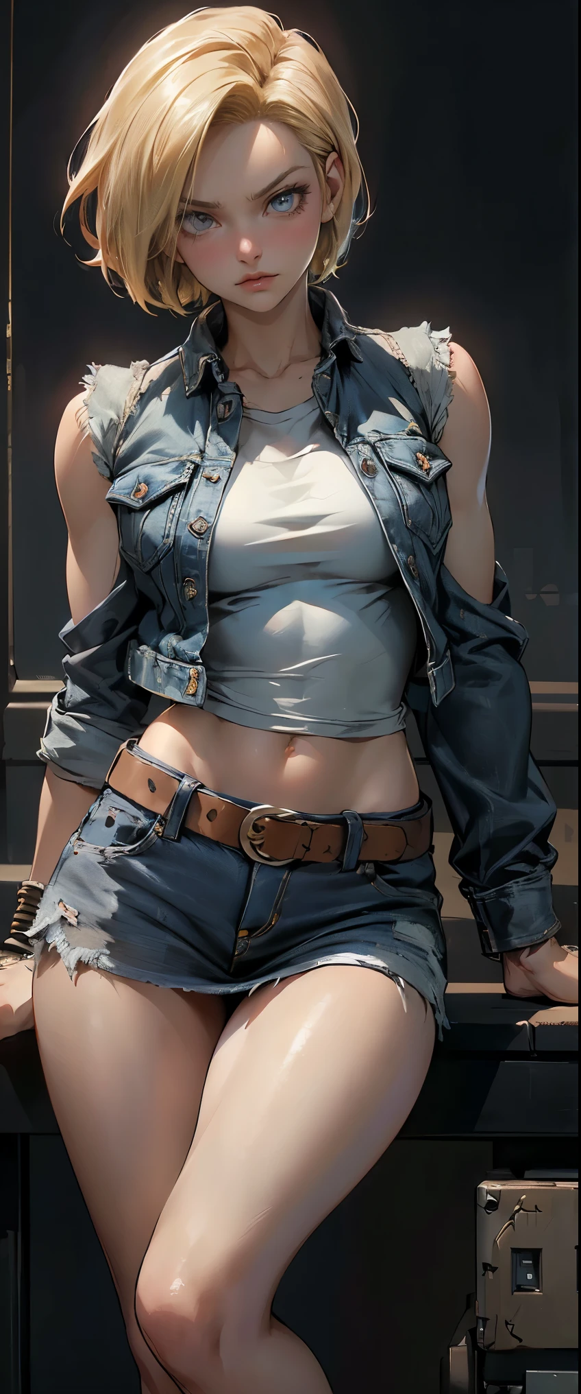 full body, ((masterpiece, highest quality, Highest image quality, High resolution, photorealistic, Raw photo, 8K)), Woman with blonde short hair and black top, denim mini skirt, android 18, anime girl, (She is wearing a short skirt, a long-sleeved shirt, and a Slim Denim Vest), (very detailed figure), saiyan girl, beautiful portrait of android 18, casual pose, badass pose, Detailed skin, blue eyes, thighs visible, In Dynamic Pose, grim face, stand with one's legs spread apart, ((The screen says "Android 18" in large letters)),