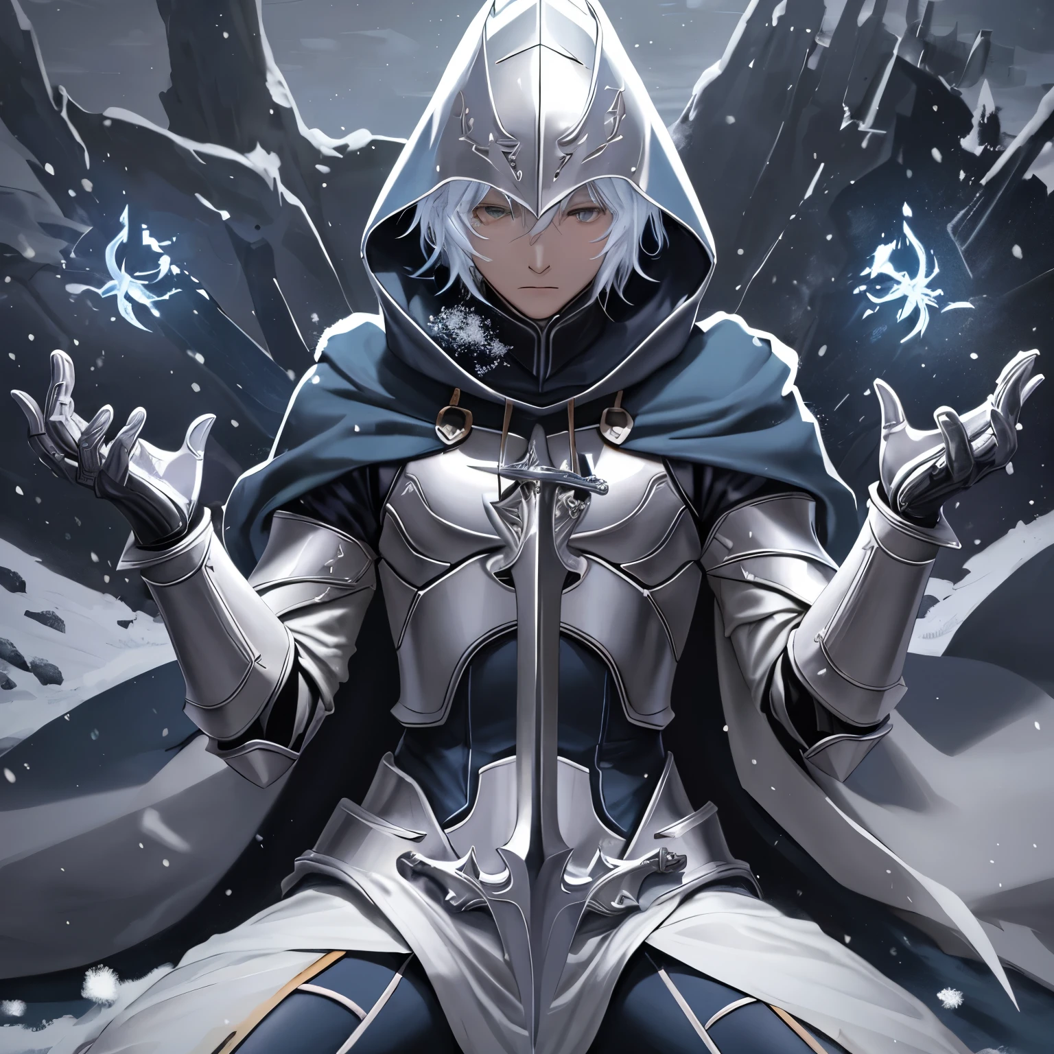 solo, 1boy, holding, sitting, weapon, male focus, sword, hood, cape, holding weapon, armor, glowing, holding sword, gauntlets, cloak, snow, 1other, hood up, snowing, one knee, planted, full armor, planted sword, ambiguous gender
