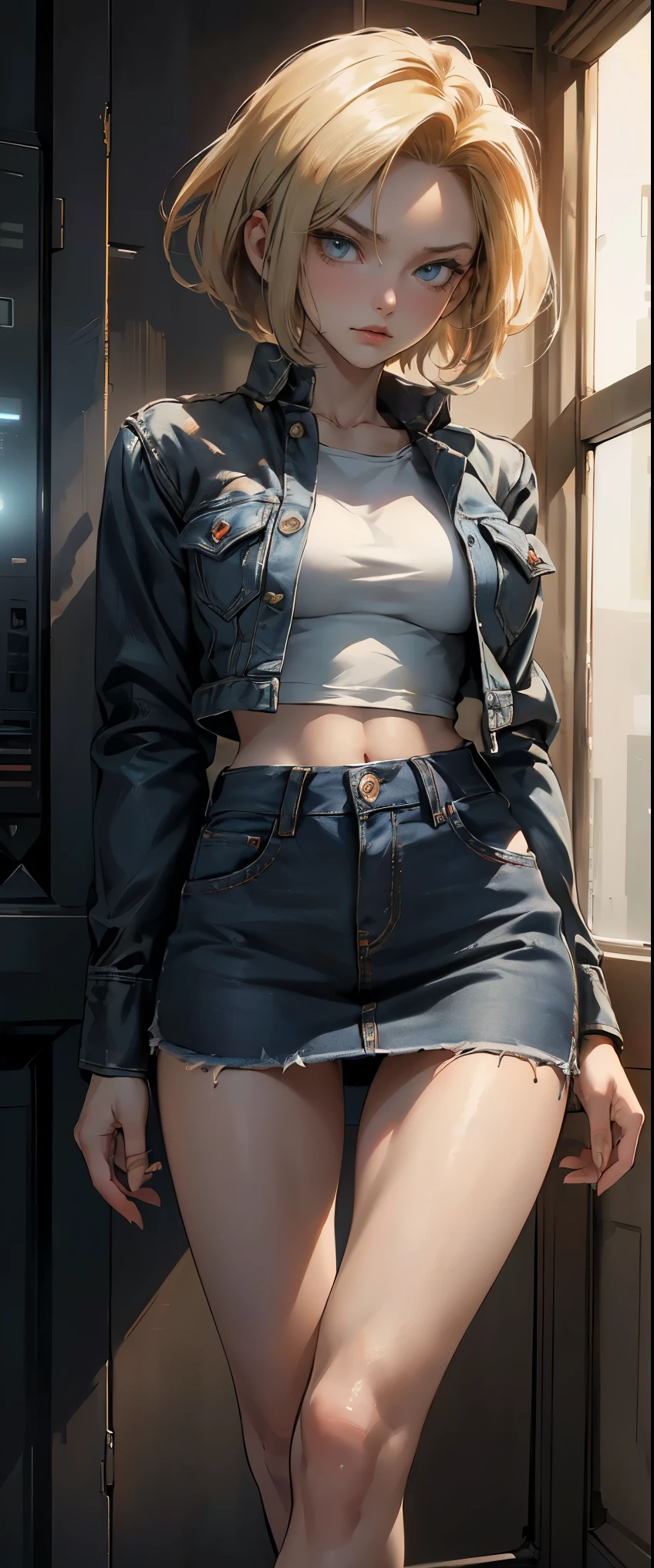 full body, ((masterpiece, highest quality, Highest image quality, High resolution, photorealistic, Raw photo, 8K)), Woman with blonde short hair and black top, denim mini skirt, android 18, anime girl, (She is wearing a short skirt, a long-sleeved shirt, and a Slim Denim Vest), (very detailed figure), saiyan girl, beautiful portrait of android 18, casual pose, badass pose, Detailed skin, blue eyes, thighs visible, In Dynamic Pose, grim face, stand with one's legs spread apart, ((The screen says "Android 18" in large letters)),