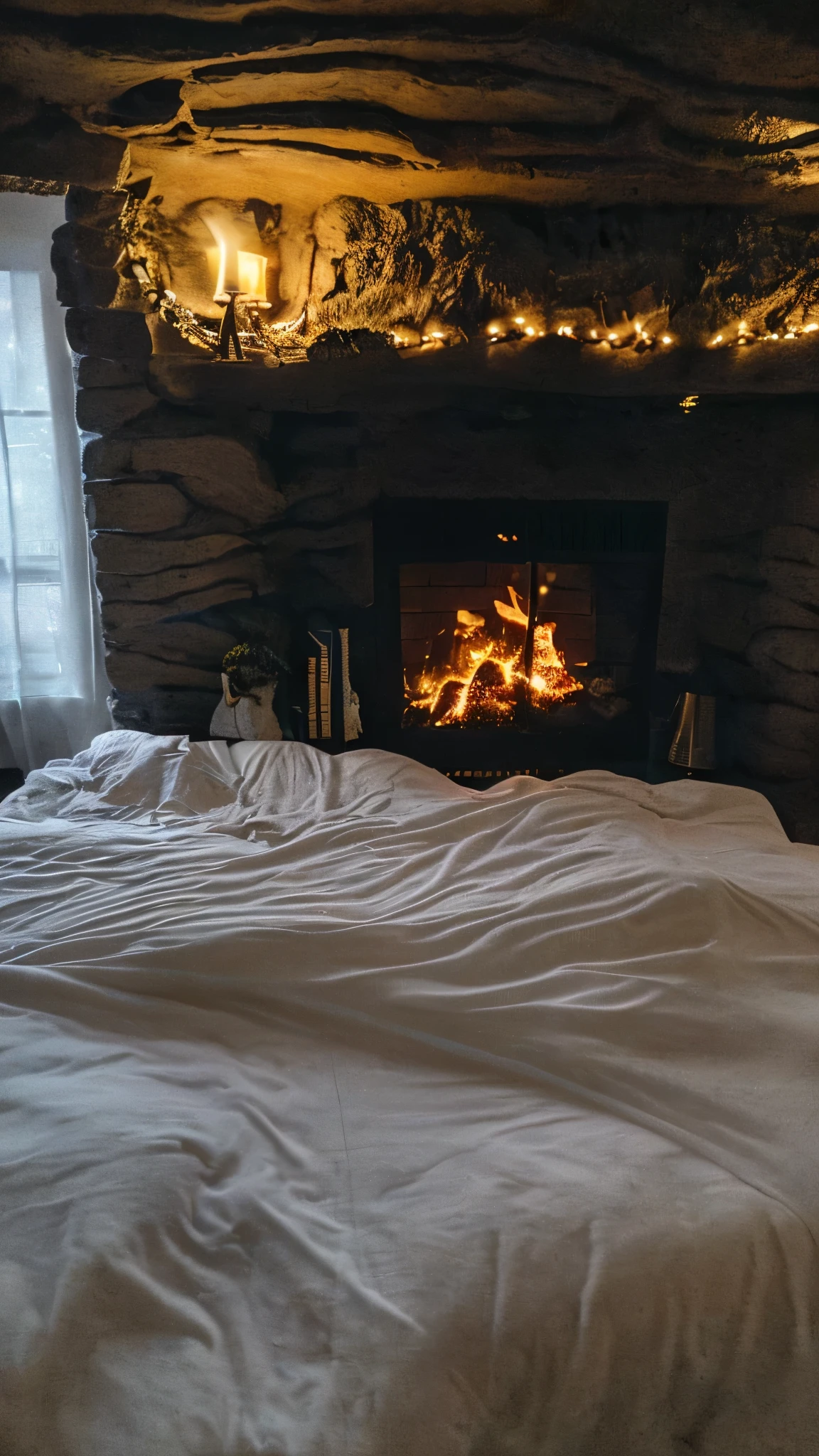 there is a bed with a yellow comforter and a fireplace in the corner, cozy place, cozy room, cozy bed, cozy and calm, cosy atmoshpere, cozy and peaceful atmosphere, cozy environment, cosy vibes, cozy atmospheric, cozy lighting, window with a rainy storm outside, stone cottage on a mountain top, cozy setting, very cozy, cozy under a blanket, cosy enchanted scene, cosy atmosphere, cozy lights, cozy atmosphere