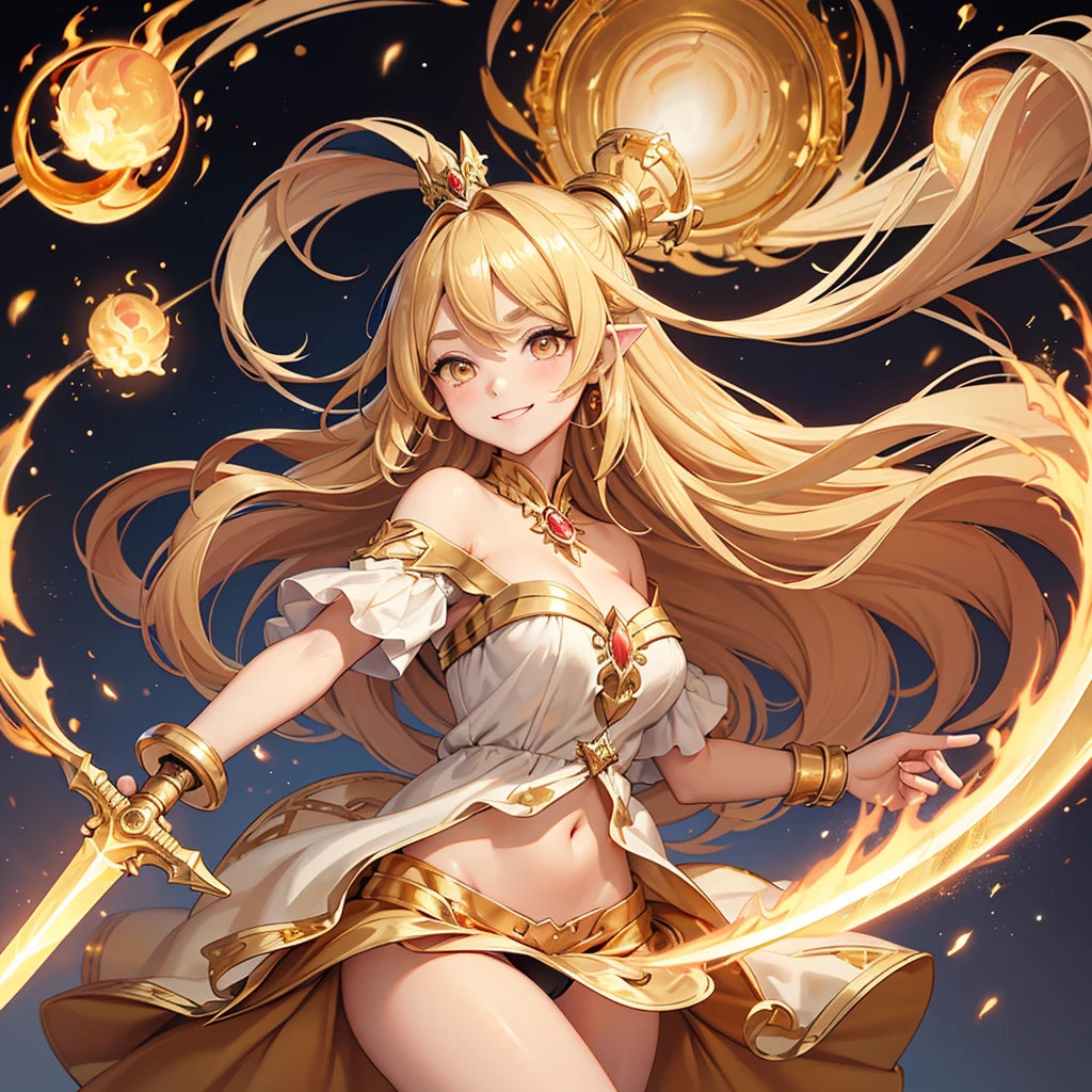 masterpiece、top-quality、(Blonde colored long hair、I have bangs:1.1)、(25 year old woman)、 (gold eyes:1.5)、(Big round eyes:1.5)、(Emphasis on the chest:0.5)、(modest smile expression:1.3)、(Staring:1.5)、(Close-up of the subject's face:0.5)、
golden flame wizard dress、(wizard’s wand with red gem:1.5)、golden flame wizard hat、floating fireballs、
five perfect and beautiful fingers、Bust Shot、
Alone、Open your mouth、Fearless smile、(middle Breasts:1.3)、(Glowing Skin:1.2)、(dynamic pose hand holding a sword gripping one Rapier in hand:1.3)、Uplifting、Have a rapier grip、midriff peek、Off the shoulder、(Camel toe)、(Peeing:1.5)