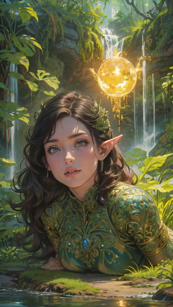 high details, best quality, 16k, [ultra detailed], masterpiece, best quality, (extremely detailed), drkfntasy,  tanjoreai, dynamic angle, ultra wide shot, RAW, photorealistic, fantasy art, realistic art, a female elf druid  (intricate details, Masterpiece, best quality: 1.5) in a jungle, a female elf wearing leather clothes  intricate details, Masterpiece, best quality: 1.4), leather boots, thick hair, long hair, brown hair, intense blue eyes, vibrant jungle (intense details), plenty of plant life, vines coming from trees,  many jungle trees (1.3 intricate details, Masterpiece, best quality), vines, a river flowing, sun light, dynamic light. dynamic angle, (intricate details, Masterpiece, best quality: 1.5) , 2.5 rendering, high details, best quality, highres, ultra wide angle