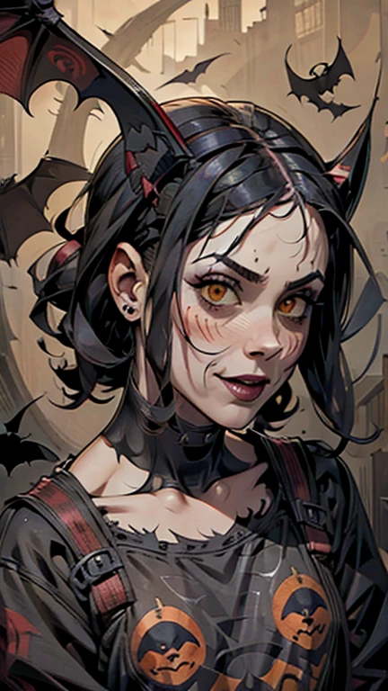 (masterpiece: 1.2, highest quality),((Sunburned skin))、 nightmare, Doll-like face, Horror elements 、Unique atmosphere、Colorful devil clown, Japanese painting, Creepy Appearance, Characteristic hairstyle,(Colorful hair colors)、Collar with chain、National costume