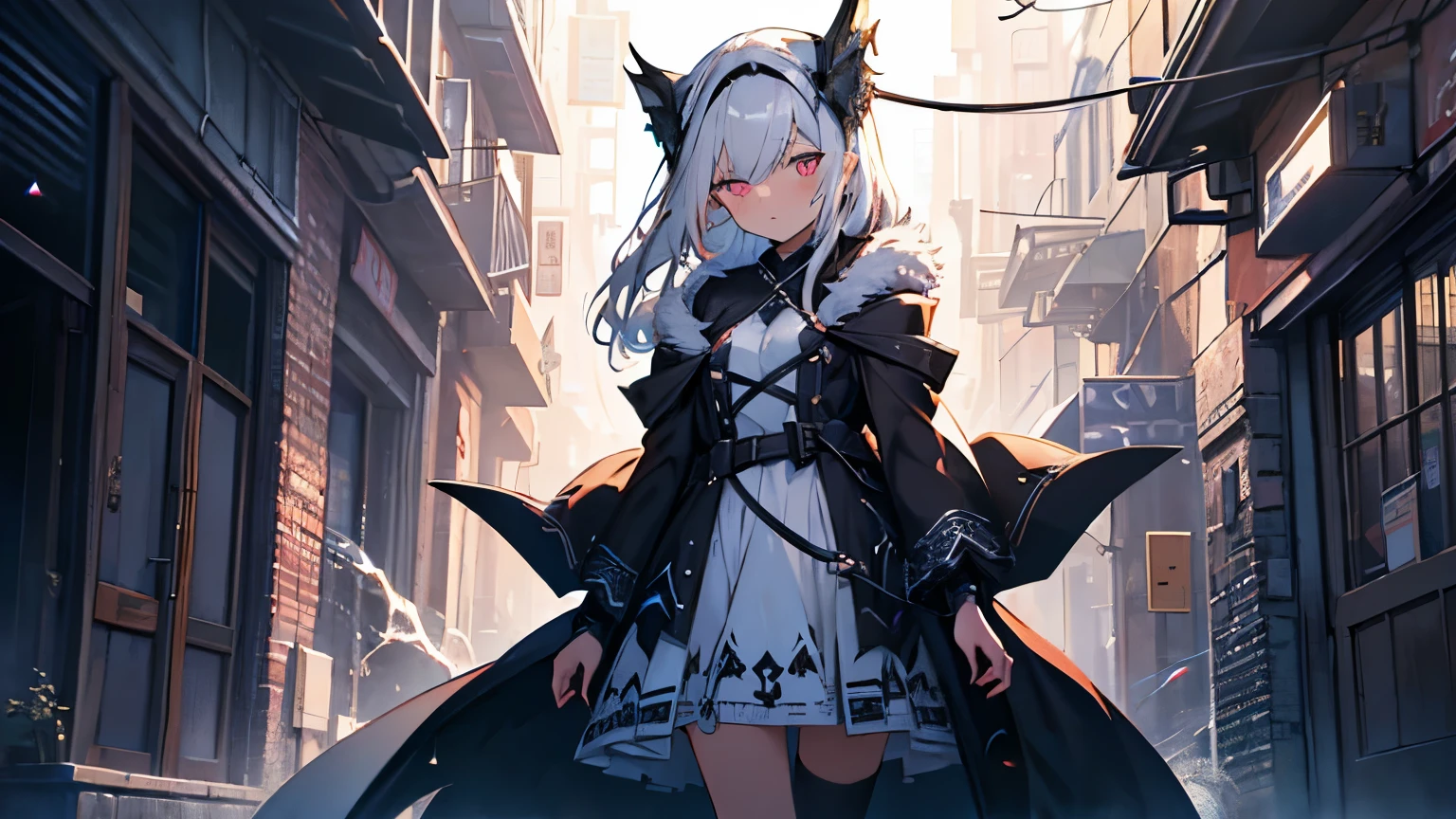 (QUALITY:0)
8k, 8k wallpaper, (an extremely delicate and beautiful:1.1), (beautiful detailed eyes:1.3), (best illustration:1.1), (best quality:1.3), (best shadow:1.1), (cinematic lighting:1.2), detailed eyes, (detailed_light:1.1), (dreamy:1.1), (extremely detailed CG unity 8k wallpaper:1.1), highres, (masterpiece:1.3), official_art, ray tracing, (stylized:1.3), trending on artstation, (ultra_detailed:1.2)
(STYLE & COMPOSITION:0)
2girls, (from_below),
(POSE & EXPRESSION:0)
blush, legs_apart, lips_apart, looking_at_viewer, standing, smirking
(CHARACTER:0)
(2girls, blue_eyes, white_hair, black_battle_dress, long_sleeves, leather_dress), (2girls, red_eyes, white_hair, white_dress, white_robes, long_sleeves, cloth_robes), shiny_hair, shrug_\(clothing\), (small_breasts:1.3), very_long_hair
(BACKGROUND:0)
Dark_narrow_alley_background, black_spiderwebs, black_spiderwebs_foreground
(TEXTUAL INVERSION:0)