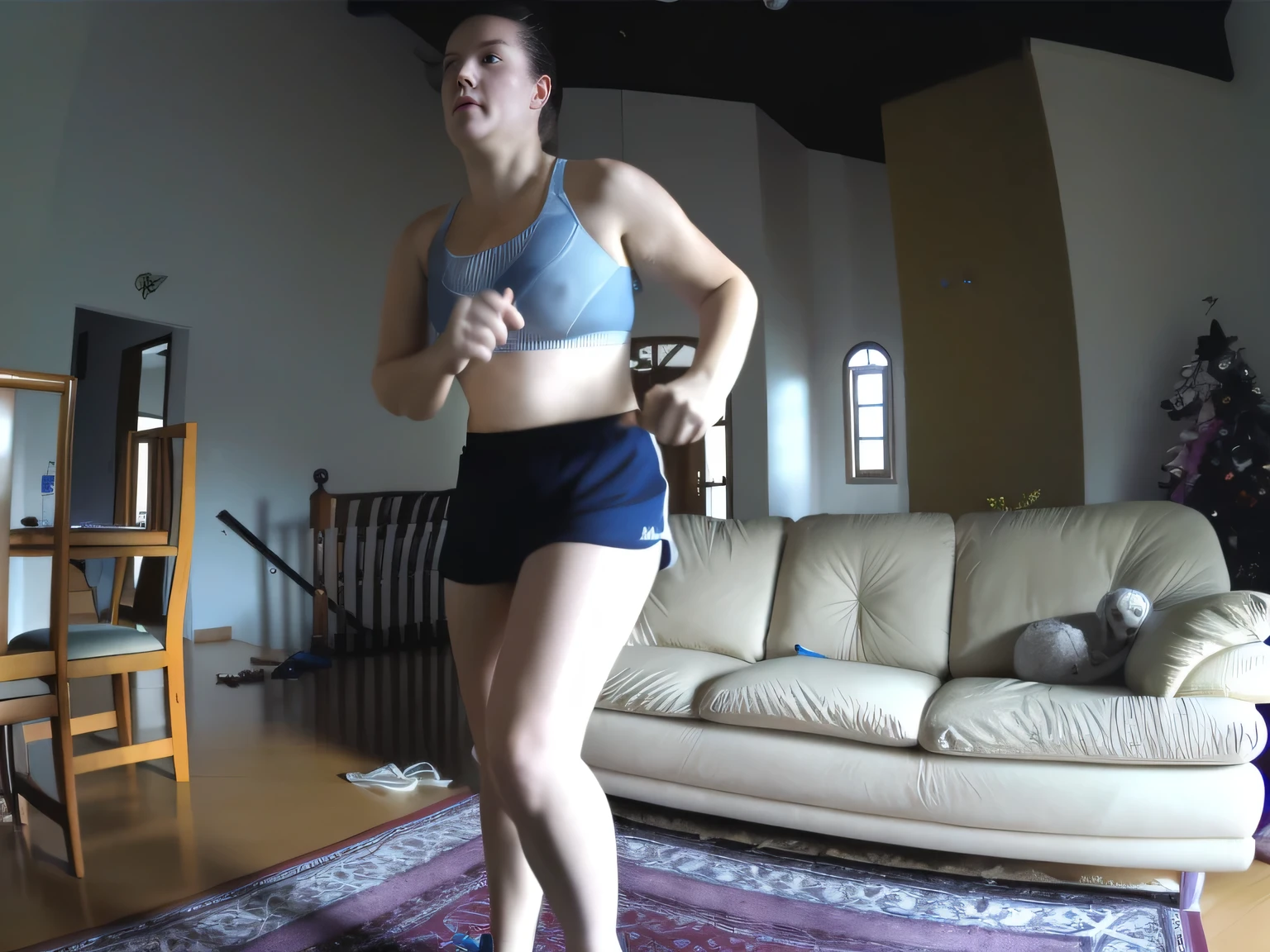 woman in a blue tank top and black shorts playing a video game, running towards camera, running towards the camera, lunging at camera :4, running fast towards the camera, jumping towards viewer, working out, full scene camera shot, running pose, full body wide shot, sport bra and shorts, webcam footage, sweaty 4 k, side view of her taking steps