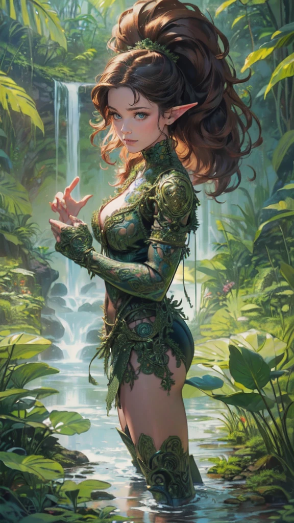 high details, best quality, 16k, [ultra detailed], masterpiece, best quality, (extremely detailed), drkfntasy,  tanjoreai, dynamic angle, ultra wide shot, RAW, photorealistic, fantasy art, realistic art, a female elf druid  (intricate details, Masterpiece, best quality: 1.5) in a jungle, a female elf wearing leather clothes  intricate details, Masterpiece, best quality: 1.4), leather boots, thick hair, long hair, brown hair, intense blue eyes, vibrant jungle (intense details), plenty of plant life, vines coming from trees,  many jungle trees (1.3 intricate details, Masterpiece, best quality), vines, a river flowing, sun light, dynamic light. dynamic angle, (intricate details, Masterpiece, best quality: 1.5) , 2.5 rendering, high details, best quality, highres, ultra wide angle