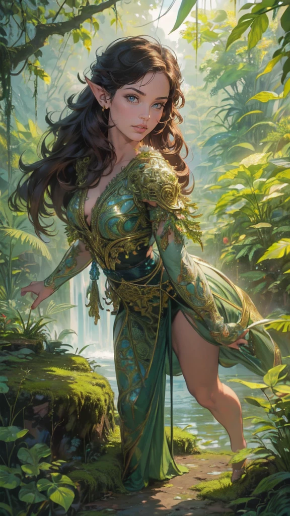 high details, best quality, 16k, [ultra detailed], masterpiece, best quality, (extremely detailed), drkfntasy,  tanjoreai, dynamic angle, ultra wide shot, RAW, photorealistic, fantasy art, realistic art, a female elf druid  (intricate details, Masterpiece, best quality: 1.5) in a jungle, a female elf wearing leather clothes  intricate details, Masterpiece, best quality: 1.4), leather boots, thick hair, long hair, brown hair, intense blue eyes, vibrant jungle (intense details), plenty of plant life, vines coming from trees,  many jungle trees (1.3 intricate details, Masterpiece, best quality), vines, a river flowing, sun light, dynamic light. dynamic angle, (intricate details, Masterpiece, best quality: 1.5) , 2.5 rendering, high details, best quality, highres, ultra wide angle