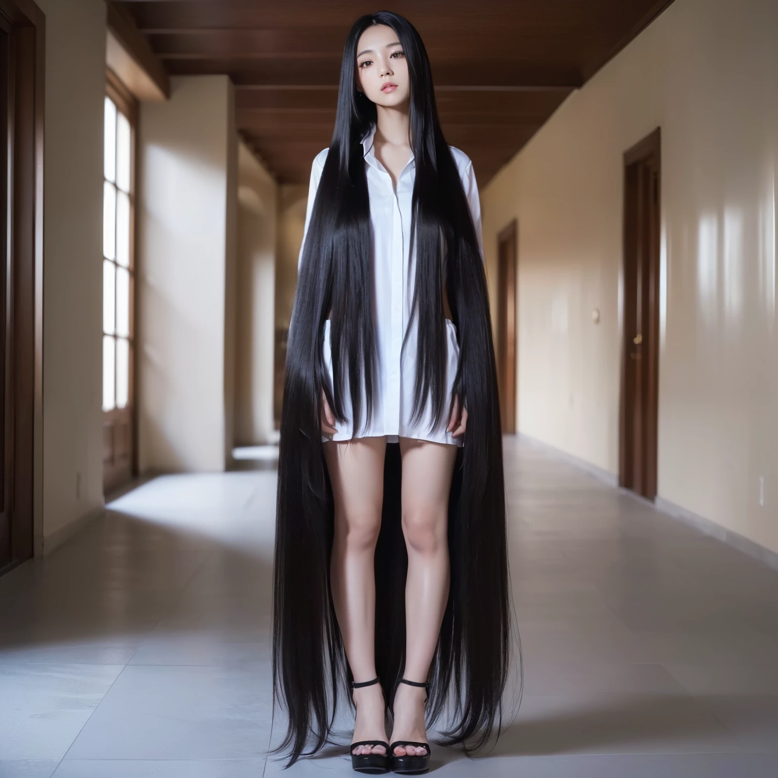 ((Best image quality、highest quality、Highest Resolution、Ultra-realisticな写真、In 8K、Full body photo、1 girl、Very beautiful face、Super super long hair、Hair Length Approx.５Meters,,,,,、Straight black hair、Black hair longer than height、Black hair that hasn&#39;t been cut for over 20 years、Slender body、White underwear or naked、Put on the bed、World Long Hair Contest Winner、Full body photo、Head to toe photos、約4Meters離れたところから撮影した写真、Ultra-realistic、Stand up straight、both hands、2 Foot、Five fingers、))She has super long hair that covers her entire body.、The longest black hair in the world、lying in bed with long hair spread、Her long hair is spread out on the bed and spills out over the edge.、Care for long dark hair、My hair is heavy and tired、Hair longer than Rapunzel、Very large amounts of hair、Lying face down on the bed、The bed is hidden by a large amount of hair、She hides her whole body with very long black hair、