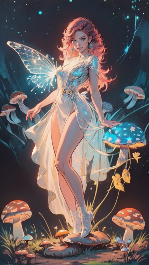 a picture of an exquisite beautiful female fairy sitting on a (Bioluminescent Mushroom: 1.4)  under the starry night sky at the forest, dynamic angle (ultra detailed, Masterpiece, best quality), ultra detailed face (ultra detailed, Masterpiece, best quality), ultra feminine, fare skin, pink hair, wavy hair, dynamic eyes color, glowing eyes, intense eyes, red lips, wearing white dress, elegant silk dress (ultra detailed, Masterpiece, best quality), butterfly wings (ultra detailed, Masterpiece, best quality), wearing high heeled boots, phosphorous glowing  Bioluminescent Mushroom, sky full of stars background, moon, beat details, best quality, 8k, [ultra detailed], masterpiece, best quality, (ultra detailed), full body, ultra wide shot, photorealism, fantasy art, gl0w1ngR,