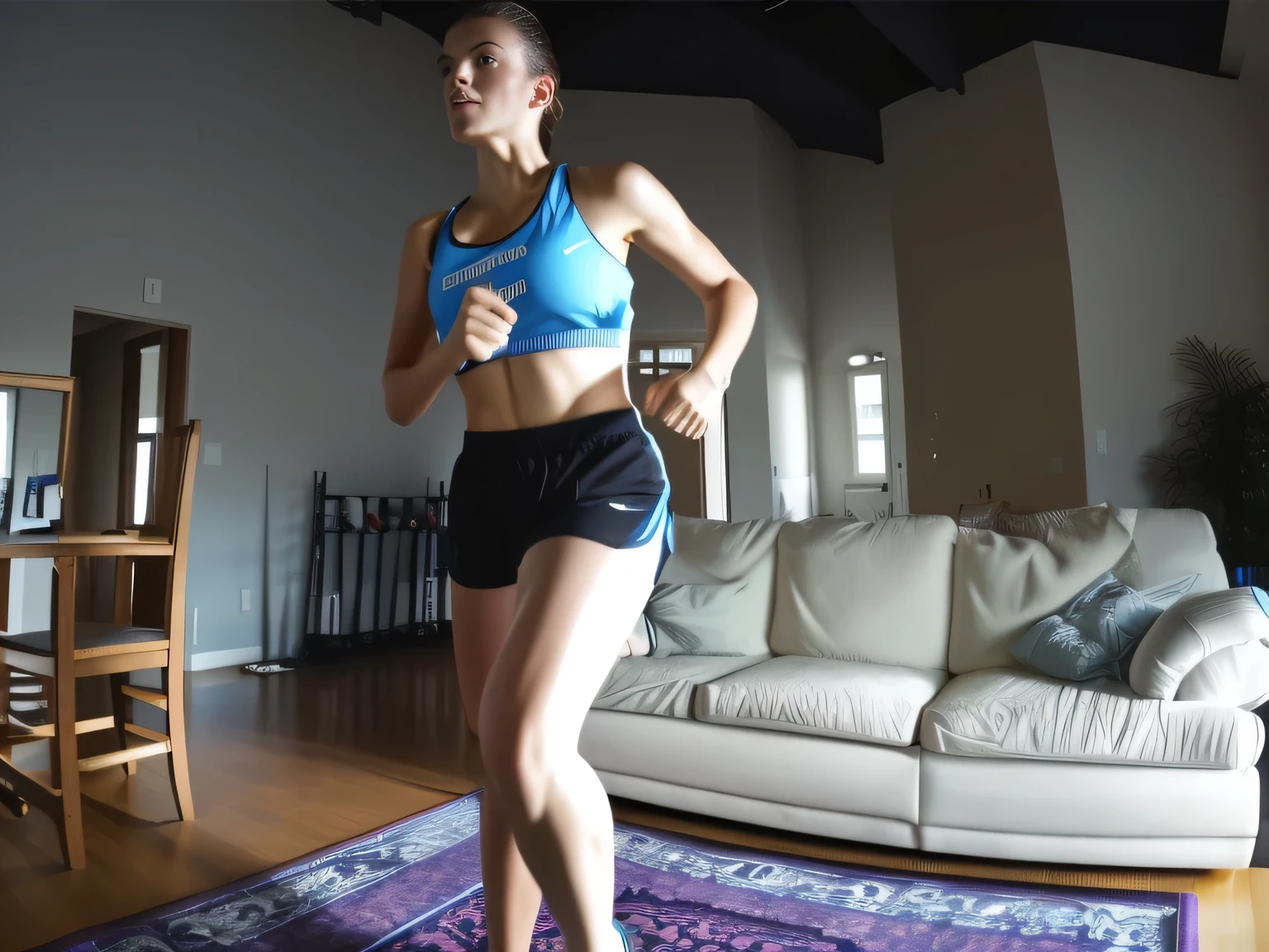 woman in a blue tank top and black shorts playing a video game, running towards camera, running towards the camera, lunging at camera :4, running fast towards the camera, jumping towards viewer, working out, full scene camera shot, running pose, full body wide shot, sport bra and shorts, webcam footage, sweaty 4 k, side view of her taking steps