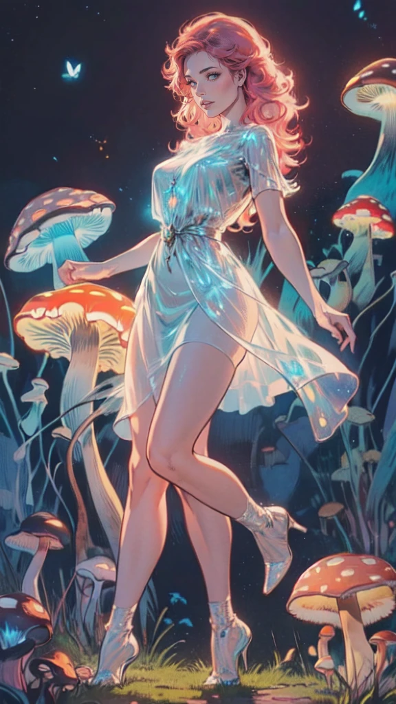 a picture of an exquisite beautiful female fairy sitting on a (Bioluminescent Mushroom: 1.4)  under the starry night sky at the forest, dynamic angle (ultra detailed, Masterpiece, best quality), ultra detailed face (ultra detailed, Masterpiece, best quality), ultra feminine, fare skin, pink hair, wavy hair, dynamic eyes color, glowing eyes, intense eyes, red lips, wearing white dress, elegant silk dress (ultra detailed, Masterpiece, best quality), butterfly wings (ultra detailed, Masterpiece, best quality), wearing high heeled boots, phosphorous glowing  Bioluminescent Mushroom, sky full of stars background, moon, beat details, best quality, 8k, [ultra detailed], masterpiece, best quality, (ultra detailed), full body, ultra wide shot, photorealism, fantasy art, gl0w1ngR,