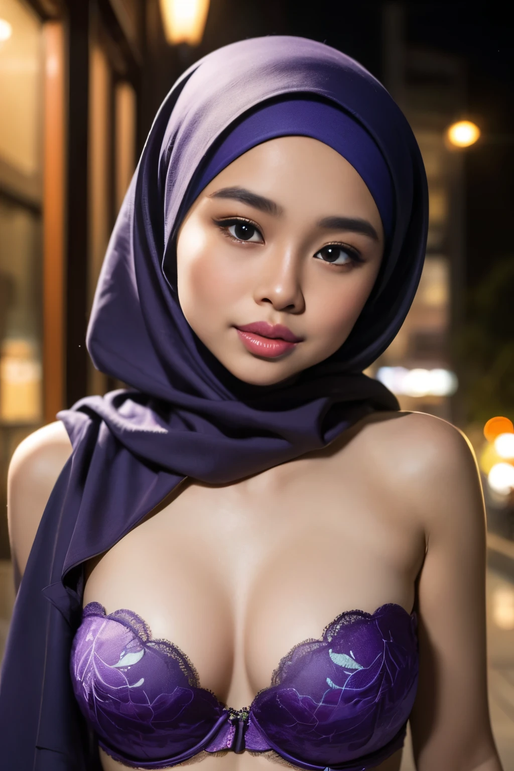 ((thick lips:1.7)), Lace, (Happy smile), (((HIJAB MALAY GIRL))), masutepiece, High quality, UHD 32K, Realistic face, Realistic skin feeling , A Japanese Lady, , , Very cute and baby-like face, (((FLAT CHEST))), (Night time at forest), ((look In front at the camera and SADNESS)), (((FLUORESCENCE))), (((CUTE GIRL))), ((PURPLE LIPS)), ((Floral Pattern)) little wearing strapless bra, strapless colorful bra, dark night horror scary place (from behind up) seductive pose