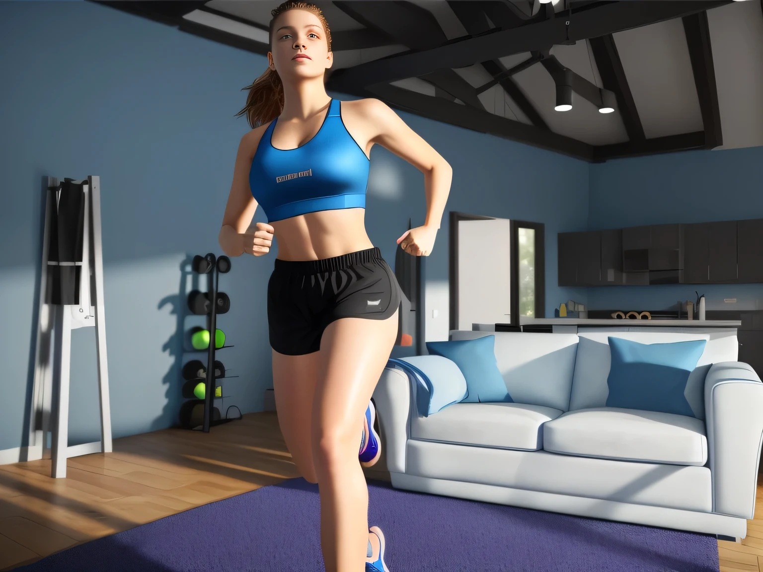 woman in a blue tank top and black shorts playing a video game, running towards camera, running towards the camera, lunging at camera :4, running fast towards the camera, jumping towards viewer, working out, full scene camera shot, running pose, full body wide shot, sport bra and shorts, webcam footage, sweaty 4 k, side view of her taking steps