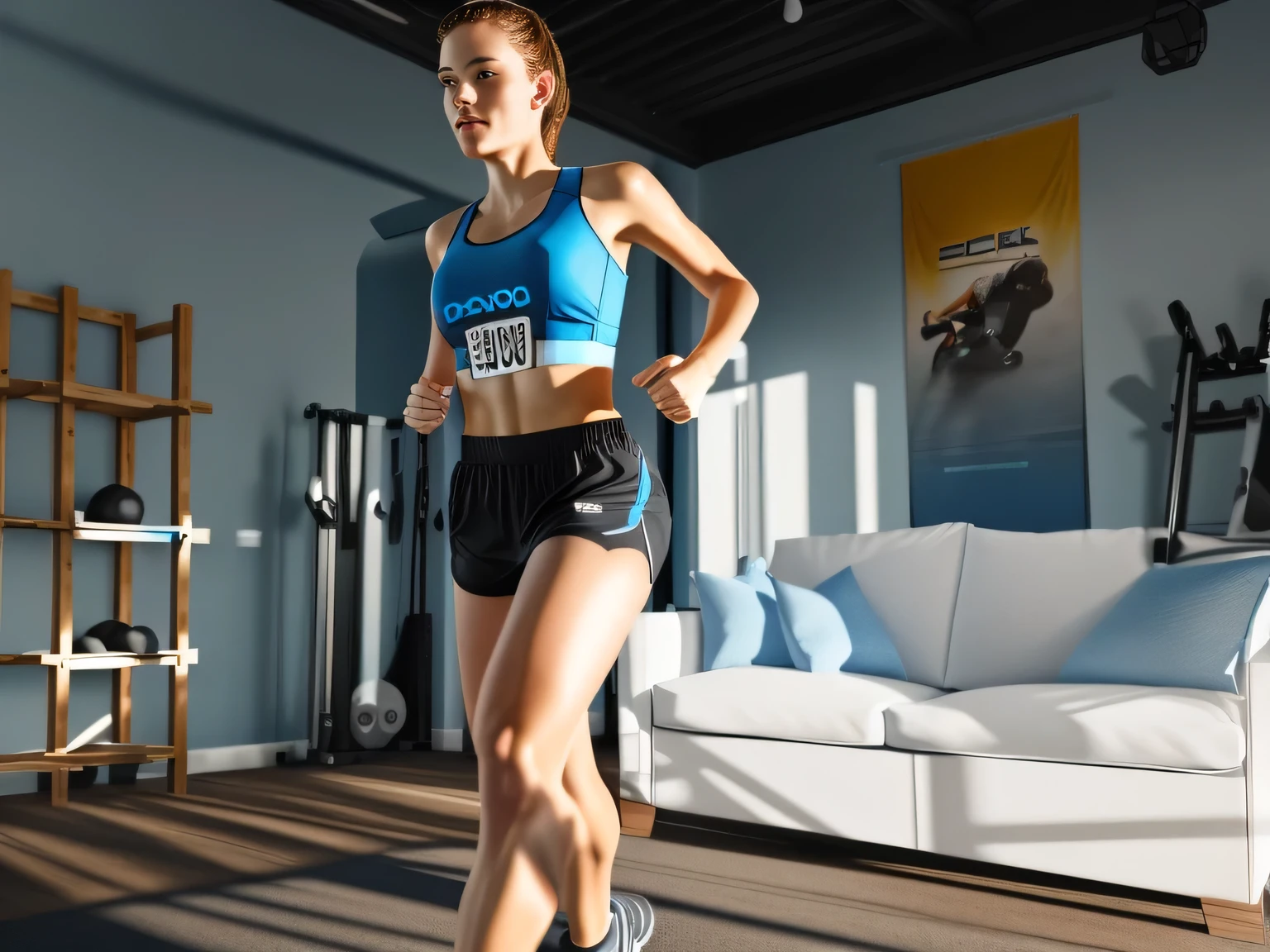 woman in a blue tank top and black shorts playing a video game, running towards camera, running towards the camera, lunging at camera :4, running fast towards the camera, jumping towards viewer, working out, full scene camera shot, running pose, full body wide shot, sport bra and shorts, webcam footage, sweaty 4 k, side view of her taking steps