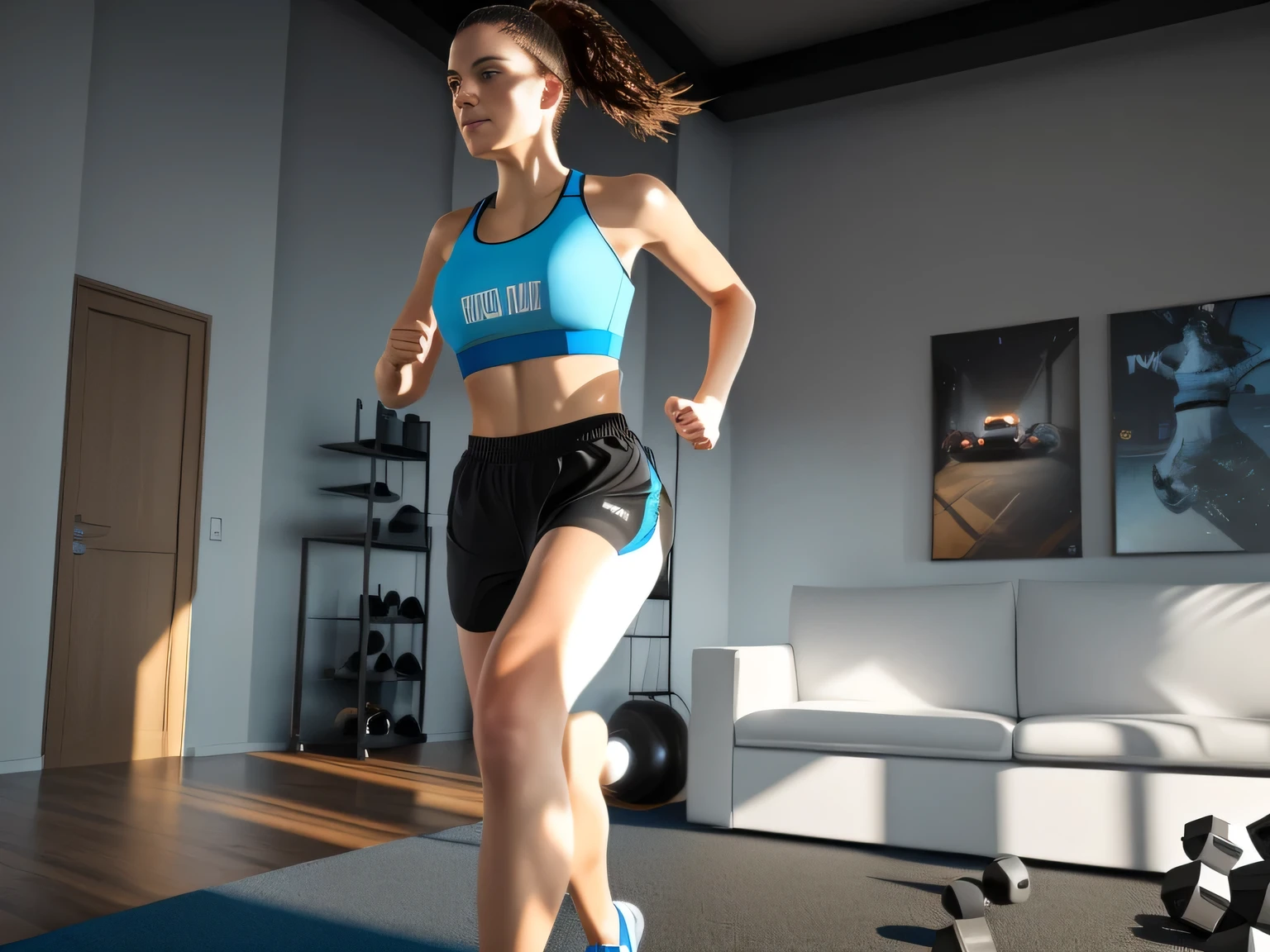 woman in a blue tank top and black shorts playing a video game, running towards camera, running towards the camera, lunging at camera :4, running fast towards the camera, jumping towards viewer, working out, full scene camera shot, running pose, full body wide shot, sport bra and shorts, webcam footage, sweaty 4 k, side view of her taking steps