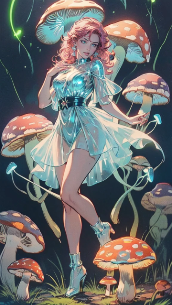 aa picture of an exquisite beautiful female fairy sitting on a (Bioluminescent Mushroom: 1.4) under the starry night sky at the forest, dynamic angle (ultra detailed, Masterpiece, best quality), ultra detailed face (ultra detailed, Masterpiece, best quality), ultra feminine, fare skin, (pink hair: 1.2), wavy hair, dynamic eyes color, glowing eyes, intense eyes, red lips, wearing white dress, elegant silk dress (ultra detailed, Masterpiece, best quality),  fairy wings DonMF41ryW1ng5XL (ultra detailed, Masterpiece, best quality), wearing high heeled boots, phosphorous glowing colouredglazecd_xl (Bioluminescent Mushroom: 1.3), with vibrant green shade, vibrant blue shade, glowing particle sky full of stars background, moon, beat details, best quality, 8k, [ultra detailed], masterpiece, best quality, (ultra detailed), full body, ultra wide shot, photorealism, fantasy art,