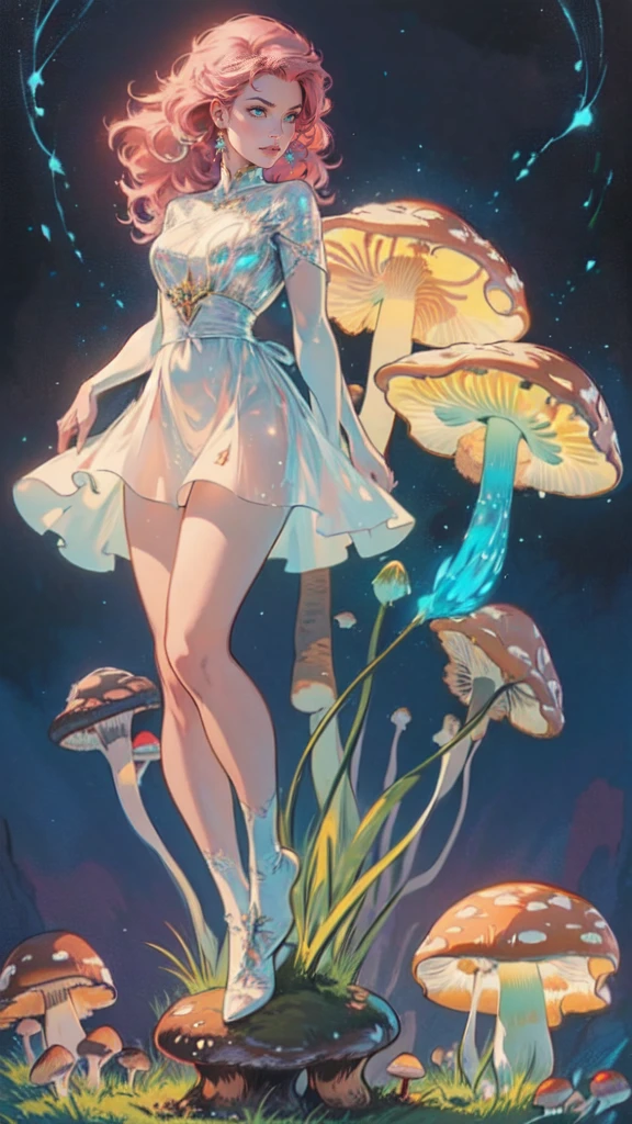 aa picture of an exquisite beautiful female fairy sitting on a (Bioluminescent Mushroom: 1.4) under the starry night sky at the forest, dynamic angle (ultra detailed, Masterpiece, best quality), ultra detailed face (ultra detailed, Masterpiece, best quality), ultra feminine, fare skin, (pink hair: 1.2), wavy hair, dynamic eyes color, glowing eyes, intense eyes, red lips, wearing white dress, elegant silk dress (ultra detailed, Masterpiece, best quality),  fairy wings DonMF41ryW1ng5XL (ultra detailed, Masterpiece, best quality), wearing high heeled boots, phosphorous glowing colouredglazecd_xl (Bioluminescent Mushroom: 1.3), with vibrant green shade, vibrant blue shade, glowing particle sky full of stars background, moon, beat details, best quality, 8k, [ultra detailed], masterpiece, best quality, (ultra detailed), full body, ultra wide shot, photorealism, fantasy art,