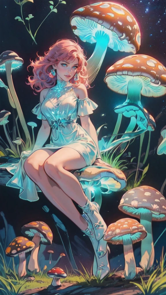 aa picture of an exquisite beautiful female fairy sitting on a (Bioluminescent Mushroom: 1.4) under the starry night sky at the forest, dynamic angle (ultra detailed, Masterpiece, best quality), ultra detailed face (ultra detailed, Masterpiece, best quality), ultra feminine, fare skin, (pink hair: 1.2), wavy hair, dynamic eyes color, glowing eyes, intense eyes, red lips, wearing white dress, elegant silk dress (ultra detailed, Masterpiece, best quality),  fairy wings DonMF41ryW1ng5XL (ultra detailed, Masterpiece, best quality), wearing high heeled boots, phosphorous glowing colouredglazecd_xl (Bioluminescent Mushroom: 1.3), with vibrant green shade, vibrant blue shade, glowing particle sky full of stars background, moon, beat details, best quality, 8k, [ultra detailed], masterpiece, best quality, (ultra detailed), full body, ultra wide shot, photorealism, fantasy art,