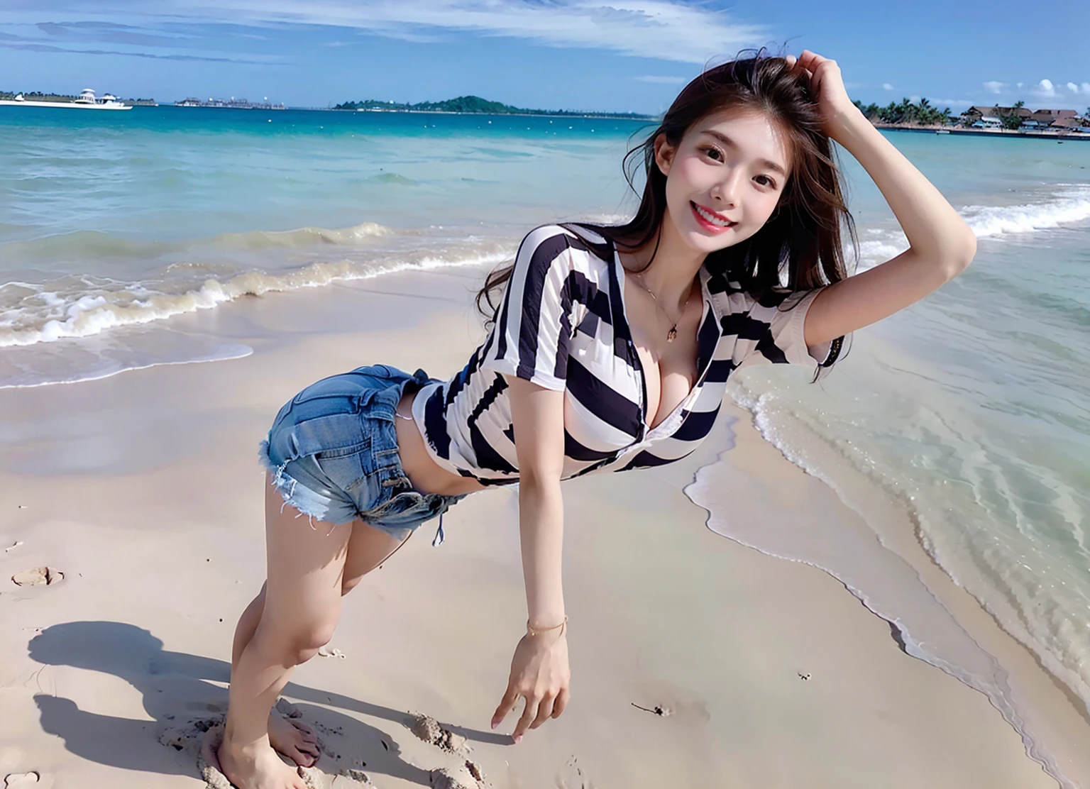 ((highest quality、Tabletop、8k、Best image quality、Extremely intricate and detailed))、(alone:1.1)、(1 photo:1.1)、(Look at me with your best smile:1.2)、(Smile and show me your beautiful teeth:1.2)、(The most natural and spacious々it was々美しく完璧なStand on the beach:1.2)、(Standing on the beautiful shallow shore:1.1)、(The perfect striped shirt:1.5)、(Erotic shorts:1.2)、Perfect and most natural coordination、Accentuate your body lines、Cleavage、(Big Breasts:1.1)、((Round ass,Captivating ass)),(Attractive body:1.1)、Hair swaying in the wind、(Beautiful perfect sandy beach:1.1)、(Beautiful sunny sky:1.1)、(Beautiful thunderclouds:1.1)、Beautiful sea、(Beautiful, clear and vibrant sea:1.1)、Complex sea glow、Beautiful seaの詳細が描かれています、(Brightly lit face:1.2)、(美しい skin that shines brightly:1.1)、Ultra-high definition beauty face、Ultra HD Hair、Ultra-high definition beautiful eyes、(Pure white skin shining in ultra-high resolution:1.2)、Super bright and radiant skin、Ultra-high quality glossy lips、(very bright and vivid:1.3)、(Accurate anatomy:1.1)、(Full body photo of a standing woman:1.2)、(Long legs:1.1)、(barefoot:1.1)、(Perfect Legs:1.1)、Sculpture Pose、(Stand on the beach:1.3)、(Perfect full body photo:1.1)