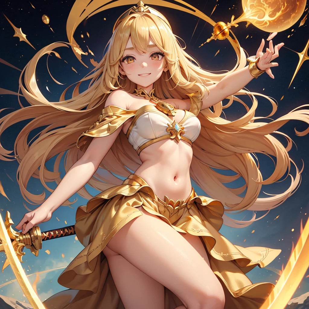 masterpiece、top-quality、(Blonde colored long hair、I have bangs:1.1)、(25 year old woman)、 (gold eyes:1.5)、(Big round eyes:1.5)、(Emphasis on the chest:0.5)、(modest smile expression:1.3)、(Staring:1.5)、(Close-up of the subject's face:0.5)、
golden flame wizard dress、wizard’s wand with red gem、golden flame wizard hat、floating fireballs、
five perfect and beautiful fingers、Bust Shot、
Alone、Open your mouth、Fearless smile、(middle Breasts:1.0)、(Glowing Skin:1.2)、(dynamic pose hand holding a sword gripping one Rapier in hand:1.3)、Uplifting、Have a rapier grip、midriff peek、Off the shoulder、(Camel toe)、