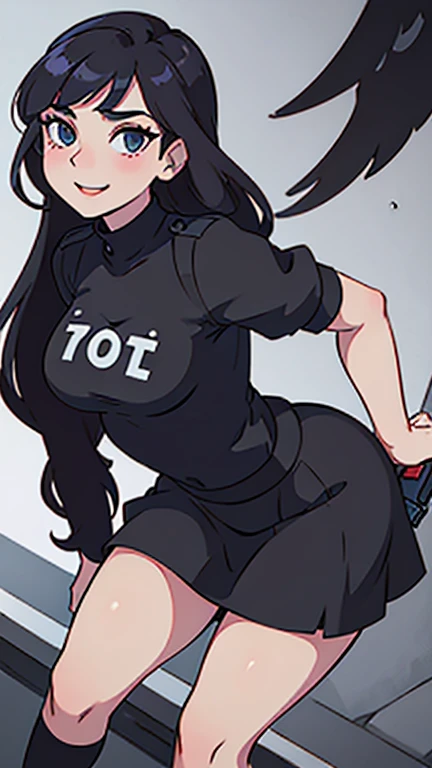 (masterpiece), best quality, expressive eyes, perfect face, (("do you like how slutty my outfit is?")), ((doggystyle_position)), ((slutty_widow)), smiling, ((showing_off_her_assets)), (black_G-string), ((tight_outfit)), cleavage, elegant, (flowing_hair), (rear_view), ((young:1.3)), ((:1.3)),a white lady age 27 in black police uniform black shirt and skirt above knees show her sexy legs with sexy body big and quite good ass sexy legs , blue eyes with long black raven hair with a gun in hand