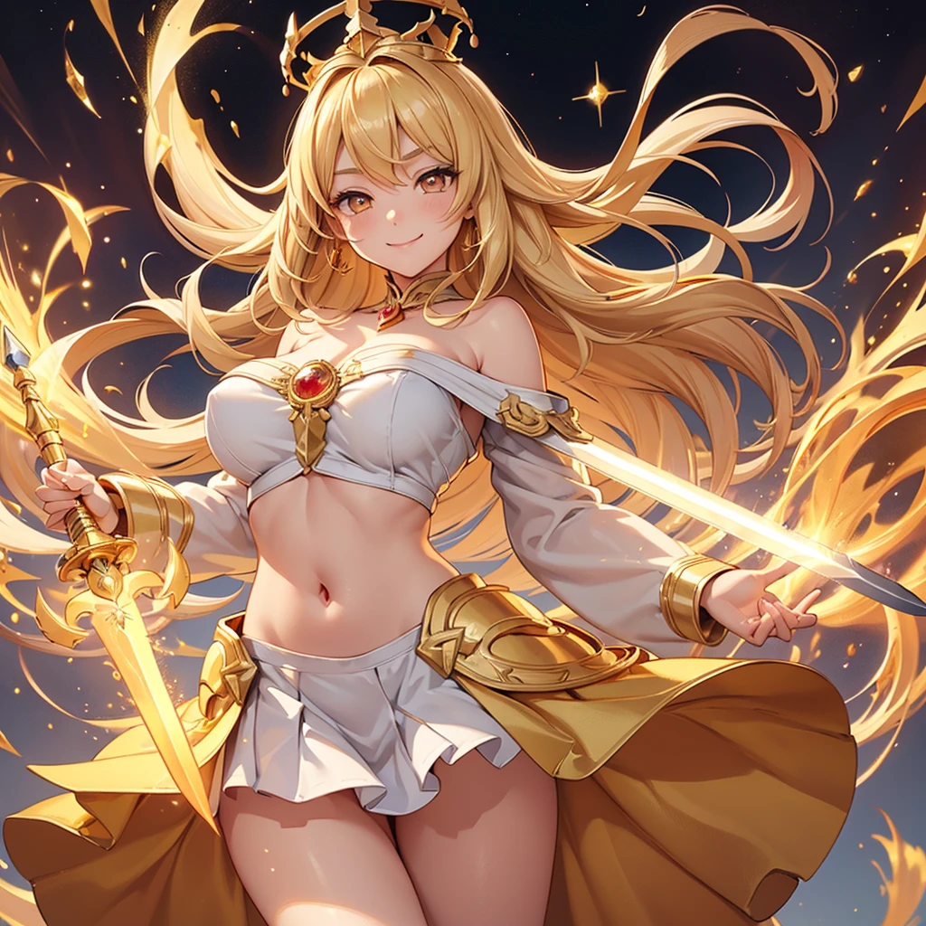 masterpiece、top-quality、(Blonde colored long hair、I have bangs:1.1)、(25 year old woman)、 (gold eyes:1.5)、(Big round eyes:1.5)、(Emphasis on the chest:0.5)、(modest smile expression:1.3)、(Staring:1.5)、(Close-up of the subject's face:0.5)、
golden flame wizard dress、wizard’s wand with red gem、golden flame wizard hat、floating fireballs、
five perfect and beautiful fingers、Bust Shot、
Alone、Open your mouth、Fearless smile、(middle Breasts:1.0)、(Glowing Skin:1.2)、(dynamic pose hand holding a sword gripping one Rapier in hand:1.3)、Uplifting、Have a rapier grip、midriff peek、Off the shoulder、(Camel toe)、