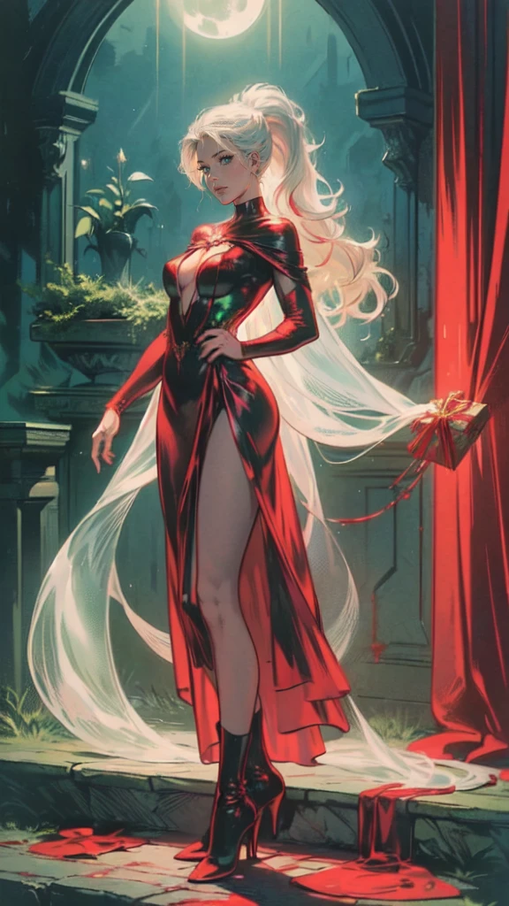 a picture of vampire standing in the front of her home holding a (blood: 1.3) dripping (gift box: 1.5), an exquisite beautiful female vampire in her front door of her home, full body (ultra detailed, Masterpiece, best quality), ultra detailed face (ultra detailed, Masterpiece, best quality), grey skin: 1.3 , blond hair, hair in a ponytail, long hair, blue eyes, cold eyes, glowing eyes, intense eyes, smile with [drops of blood on face] (ultra detailed, Masterpiece, best quality), dark red lips, [vampire fangs], wearing red dress (ultra detailed, Masterpiece, best quality), (green: 1.4) dark green cloak, (green: 1.3) green high heeled boots in front of her home, holding a (white: 1.4) gift box dripping red blood GlowingRunes_red (ultra detailed, Masterpiece, best quality, high details, best quality, 16k, [ultra detailed], masterpiece, best quality, (ultra detailed), full body, ultra wide shot, photorealism, luis royo style, dark fantasy art, moon light coming through the window, moon rays, gothic art, sense of dread, sense of seduction, bloodmagic,
