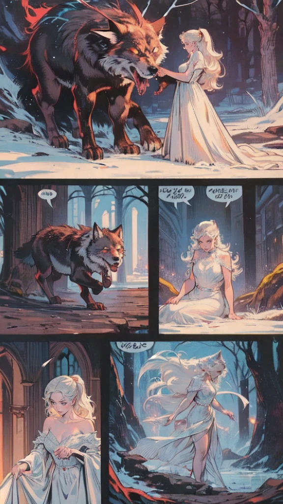 arafed a picture of elf vampire in her castle and her pet wolf, an exquisite beautiful female elf vampire (ultra details, Masterpiece, best quality), blond hair, pale skin, hair in a ponytail, long hair, blue eyes, cold eyes, smirking, wearing white dress (ultra details, Masterpiece, best quality), red cloak, in dark fantasy library, with an big grey wolf  (ultra details, Masterpiece, best quality) book shelves, arafed high details, best quality, 8k, [ultra detailed], masterpiece, best quality, (ultra detailed), full body, ultra wide shot, photorealism, RAW, dark fantasy art, gothic art,