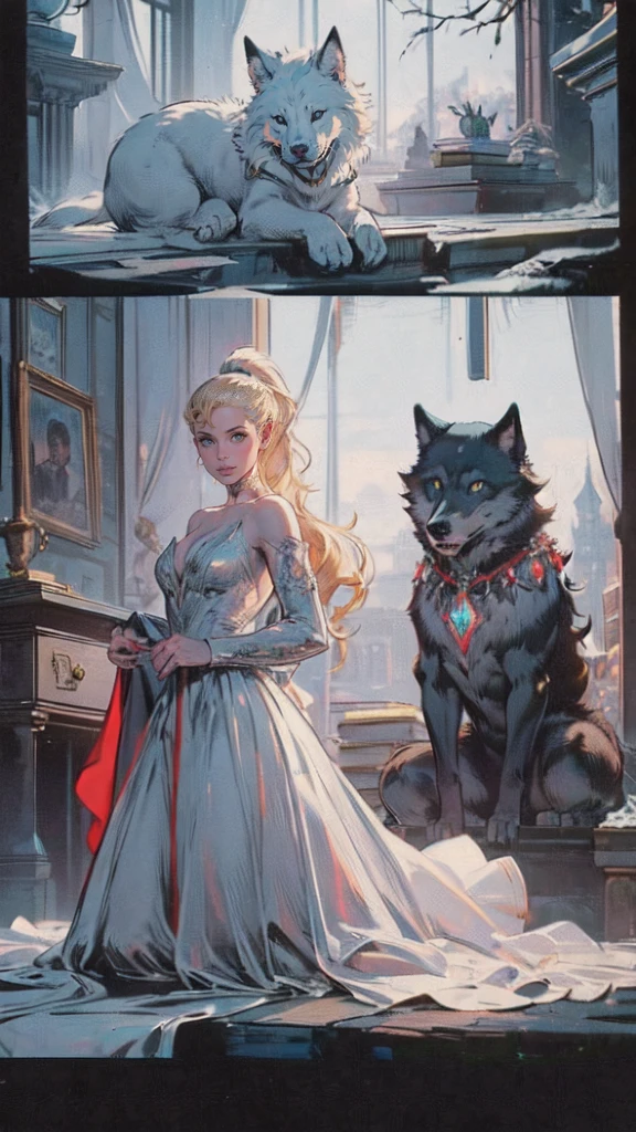 arafed a picture of elf vampire in her castle and her pet wolf, an exquisite beautiful female elf vampire (ultra details, Masterpiece, best quality), blond hair, pale skin, hair in a ponytail, long hair, blue eyes, cold eyes, smirking, wearing white dress (ultra details, Masterpiece, best quality), red cloak, in dark fantasy library, with an big grey wolf  (ultra details, Masterpiece, best quality) book shelves, arafed high details, best quality, 8k, [ultra detailed], masterpiece, best quality, (ultra detailed), full body, ultra wide shot, photorealism, RAW, dark fantasy art, gothic art,