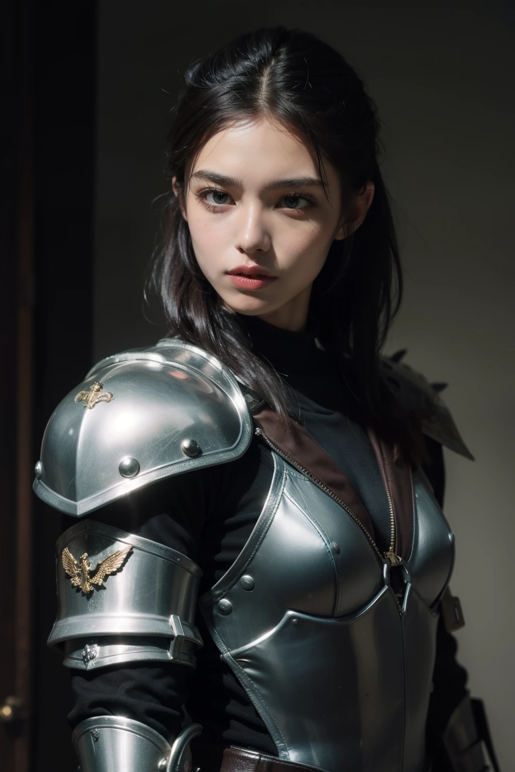 man, dark black, green eyes, military cut, thick lips, marked jaw, 21 years old, and dressed in war armor