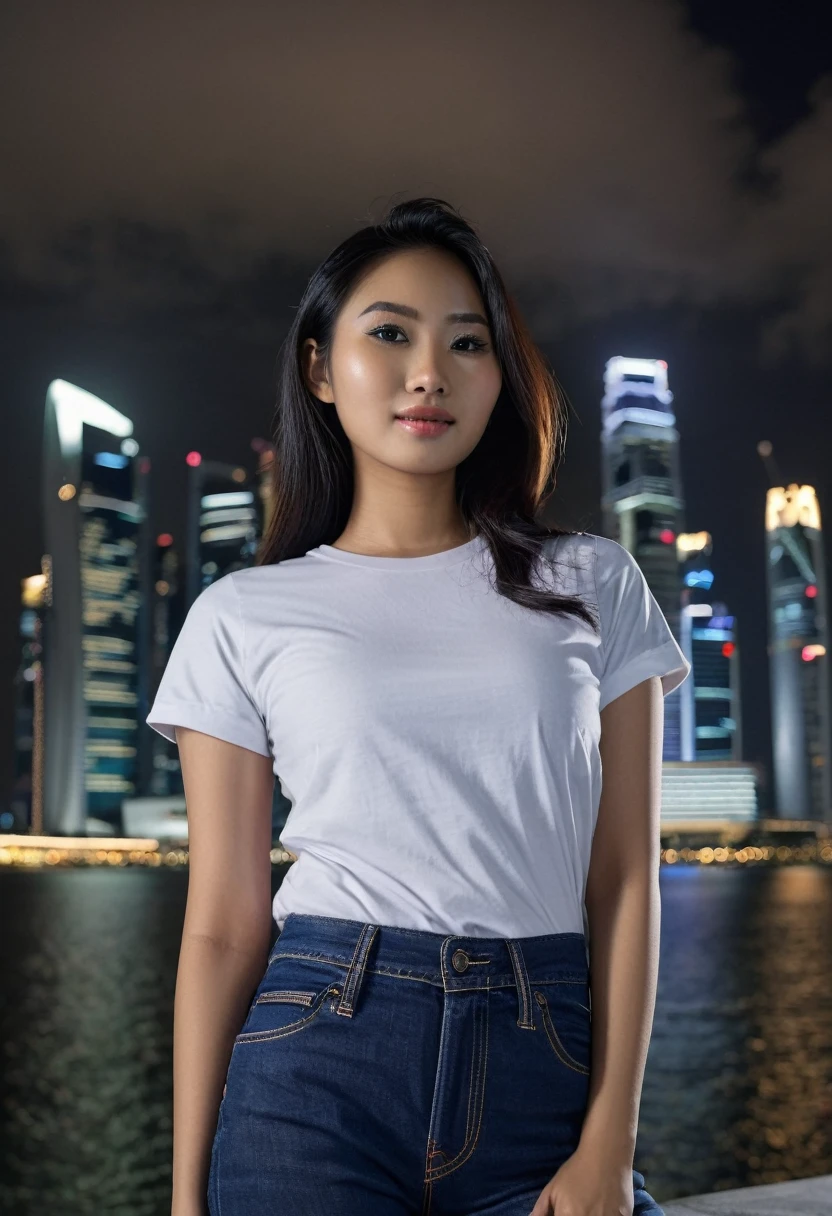 Create an image of a 25 year old Indonesian woman, pure white skin, wearing a contemporary T_shrit, Dongker blue jeans, view of Singapore's Marina Bay, night
