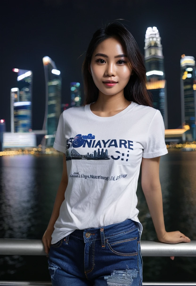 Create an image of a 25 year old Indonesian woman, pure white skin, wearing a contemporary T_shrit, Dongker blue jeans, view of Singapore's Marina Bay, night