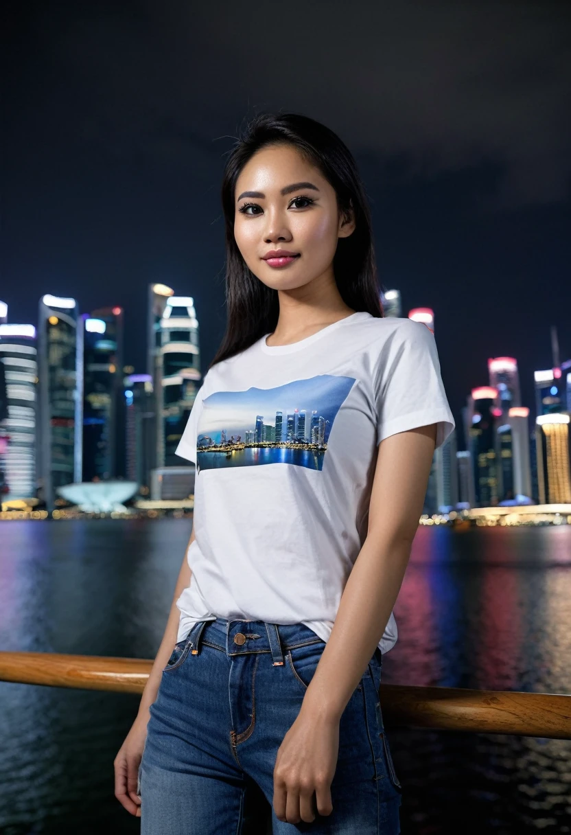Create an image of a 25 year old Indonesian woman, pure white skin, wearing a contemporary T_shrit, Dongker blue jeans, view of Singapore's Marina Bay, night