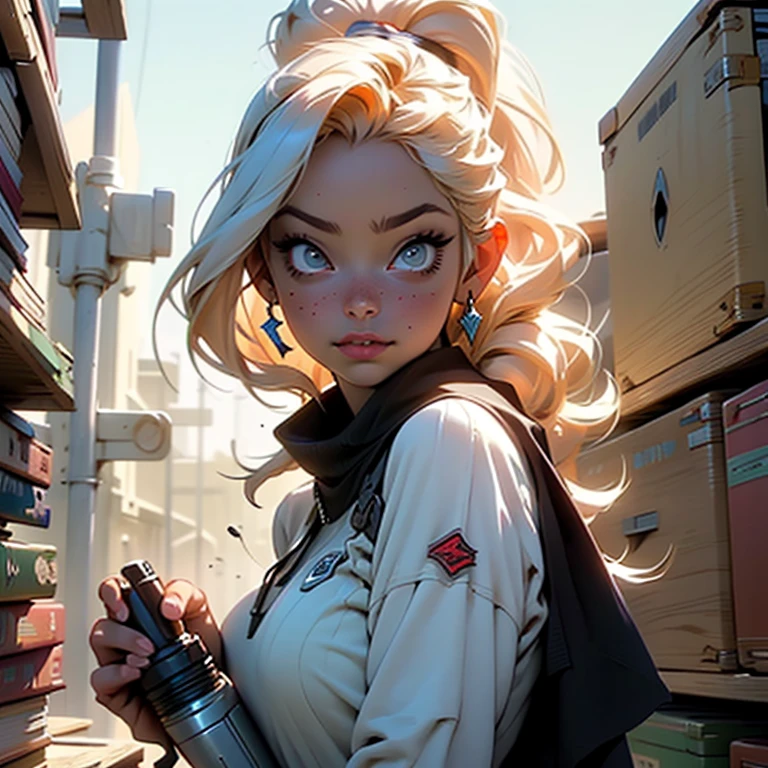 a close up of a toy on a bookshelf, (((mad))) elf princess, holding a rocket launcher, by Agustín Fernández, orange theme, style of disney animation, lawyer clothing, court session images, tinkerbell, photo of the girl, datura, armed, desenho, amphora, academic
