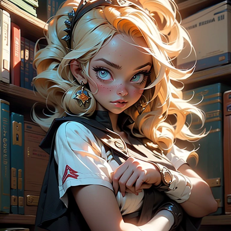 a close up of a toy on a bookshelf, (((mad))) elf princess, holding a rocket launcher, by Agustín Fernández, orange theme, style of disney animation, lawyer clothing, court session images, tinkerbell, photo of the girl, datura, armed, desenho, amphora, academic