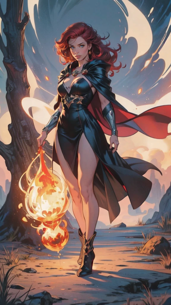 high details, best quality, 8k, [ultra detailed], masterpiece, best quality, (extremely detailed), full body, ultra wide shot, julie bell style (ultra details, Masterpiece, best quality), fantasy art, dnd art,fantasy art, realistic art, a sorceress casting a fire spell in magical library (ultra details, Masterpiece, best quality), exquisite beautiful human woman (ultra details, Masterpiece, best quality), red hair, long hair, (black dress: 1.2), (white cloak: 1.3), high heeled boots (ultra details, Masterpiece, best quality) red fire