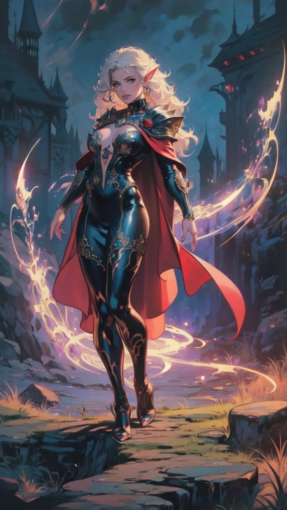 fantasy art, gothic art, (masterpiece:1.5), full body best details, highly detailed, best quality, Glowing Purple, highres, full body portrait of a vampire, elf (Masterpiece, best quality: 1.6), ultra feminine, wizard, (intricate details, Masterpiece, best quality: 1.5) with a long curvy hair, light color hair, blue eyes, (fantasy art, Masterpiece, best quality), ((beautiful delicate face)), Ultra Detailed Face (intricate details, fantasy art, Masterpiece, best quality: 1.5), [[vampiric fangs 1.5]] (red cloak: 1.3) , flowing cloak (intricate details, fantasy art, Masterpiece, best quality: 1.3), wearing an intricate black dress (intricate details, fantasy art, Masterpiece, best quality: 1.5), high heeled boots, urban background (intense details, beat details), fantasy, at night light, natural ,moon light, clouds, gothic atmosphere, soft light, dynamic light, [[anatomically correct]], high details, best quality, 8k, [ultra detailed], masterpiece, best quality, (extremely detailed), dynamic angle