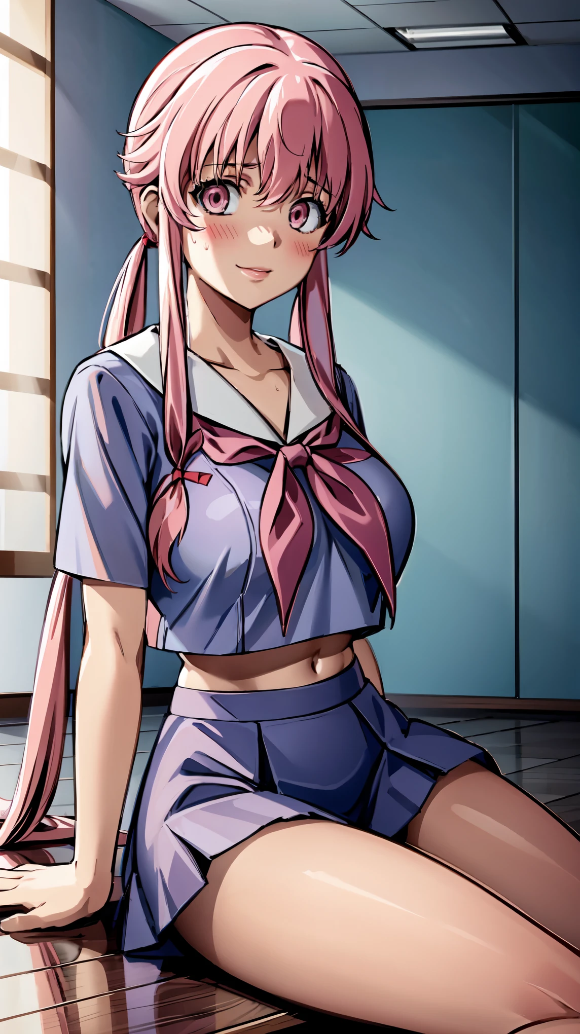 1girl, breasts, pink_hair, skirt, solo, blush, school_uniform, looking_at_viewer, sitting, cleavage, pink_eyes, long_hair, pleated_skirt, indoors, sweat, collarbone, navel, large_breasts, shirt, bra, blue_shirt, smile, short_sleeves, neckerchief, thighs, bangs, twintails, midriff, serafuku, closed_mouth, blue_skirt, red_neckerchief, underwear, sailor_collar, lips