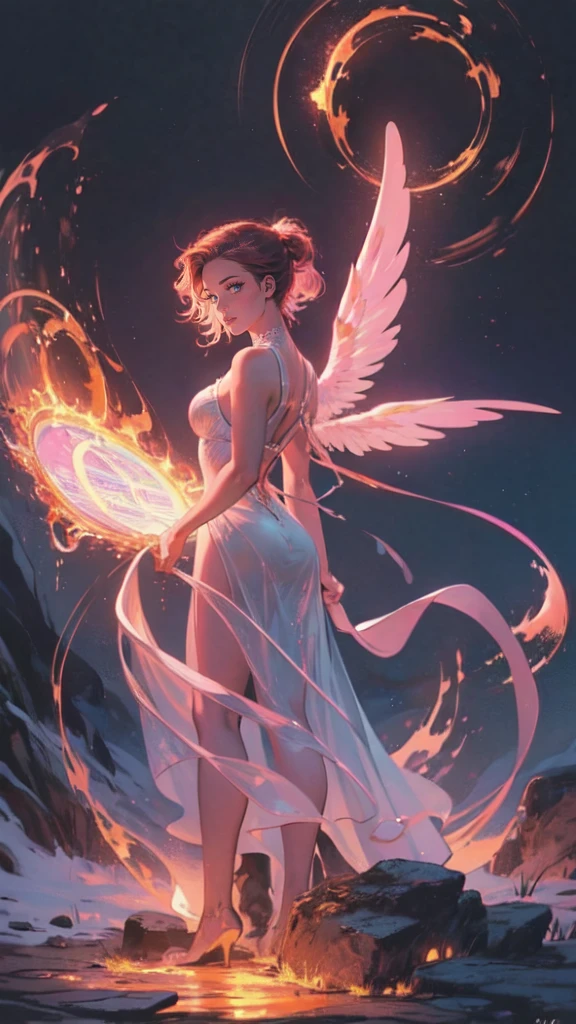 high details, best quality, 16k, [best detailed], masterpiece, best quality, (extremely detailed), a view from the rear of a beautiful angel looking through  a magical portal onto hell, the portal has magical pink magical wards  on it, she sees the fiery hell and rolling inferno faize , GlowingRunes_paleblue, GLOWING STYLE