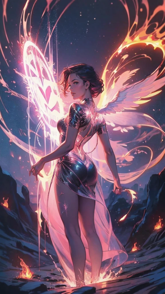 high details, best quality, 16k, [best detailed], masterpiece, best quality, (extremely detailed), a view from the rear of a beautiful angel looking through  a magical portal onto hell, the portal has magical pink magical wards  on it, she sees the fiery hell and rolling inferno faize , GlowingRunes_paleblue, GLOWING STYLE