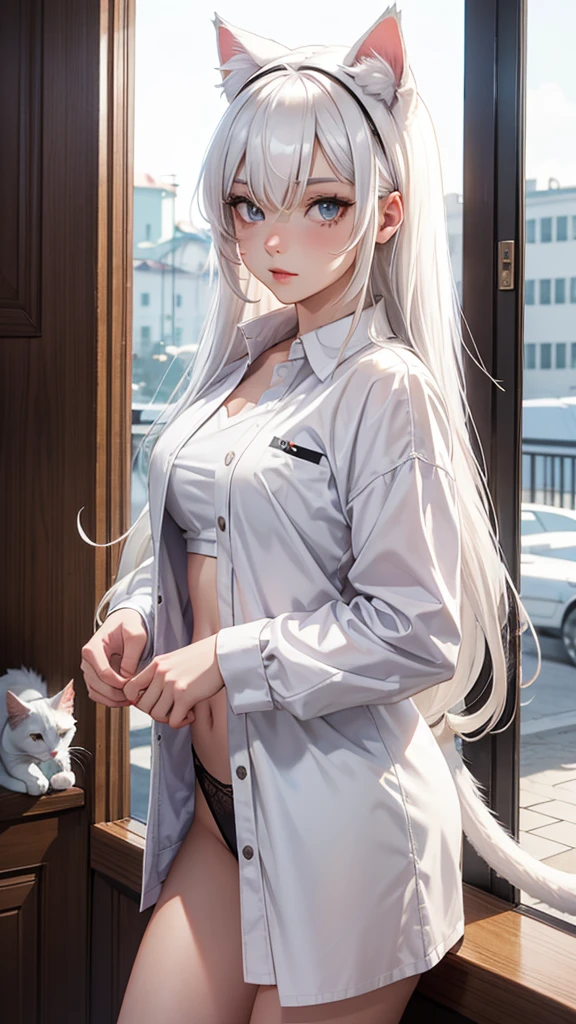 1girl, ebenya, looking at viewer, white hair, neko, cat ears, cat tail, white shirt, shorts, open clothes, russian city, ba-shiroko, sitting down