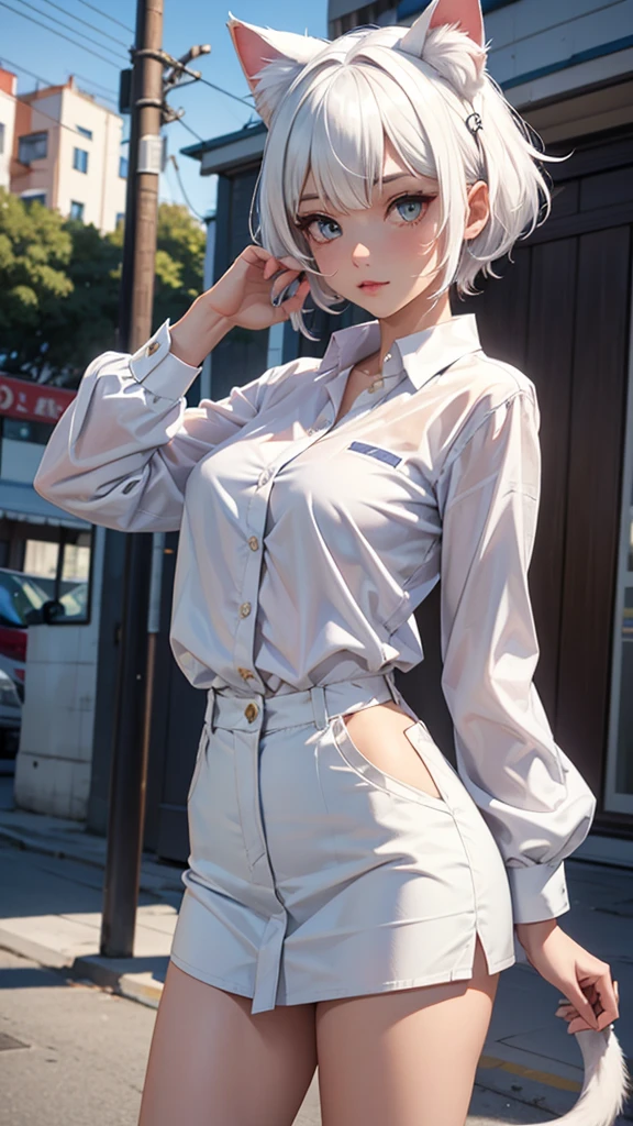 1girl, ebenya, looking at viewer, white hair, neko, cat ears, cat tail, white shirt, open clothes, russian city, ba-shiroko