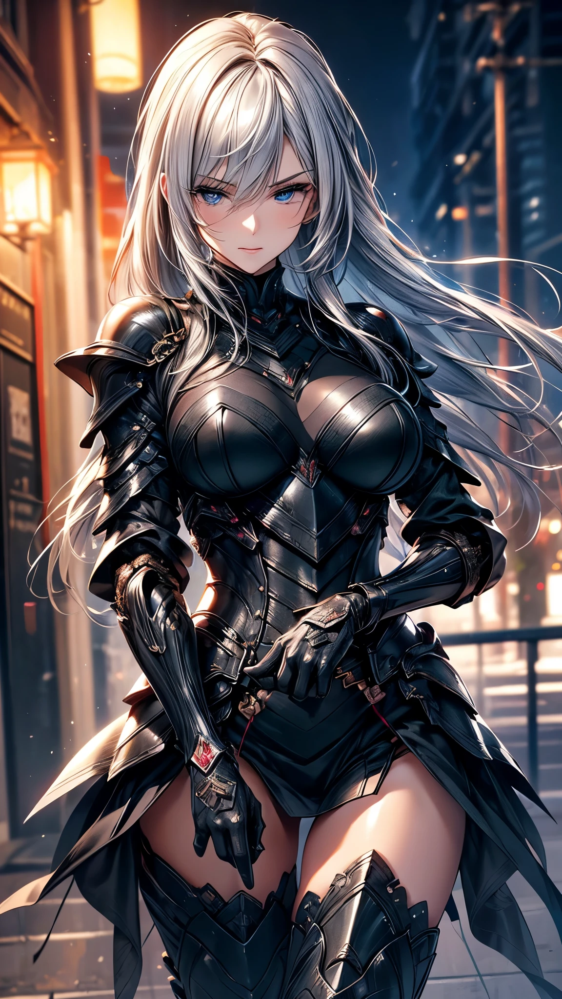 ((Ultra-delicate)), (Be focused), (high resolution), Deformed depth of field blurred background, (Detailed background), Perfect layer cut, (full-body shot/Cowboy shooting), wallpaper, One, Lovely beauty, alone, Silver hair with gradient stripes and blue tail, Light blue eyes, thin eyebrows, long upper eyelashes, Double eyelids, Upper Eye, delicate eyes, Sexy lips, lip details, Detailed face, Shimmer, complicated, Female General, Oversized Combat Knife, dark, (Super gorgeous black heavy armor), Red ornament, (Ultra-delicate armor), Combat boots, Extremely high polishing technology, Extremely detailed armor patterns, Castle Street, wind, CG unity, Artistic, 8k