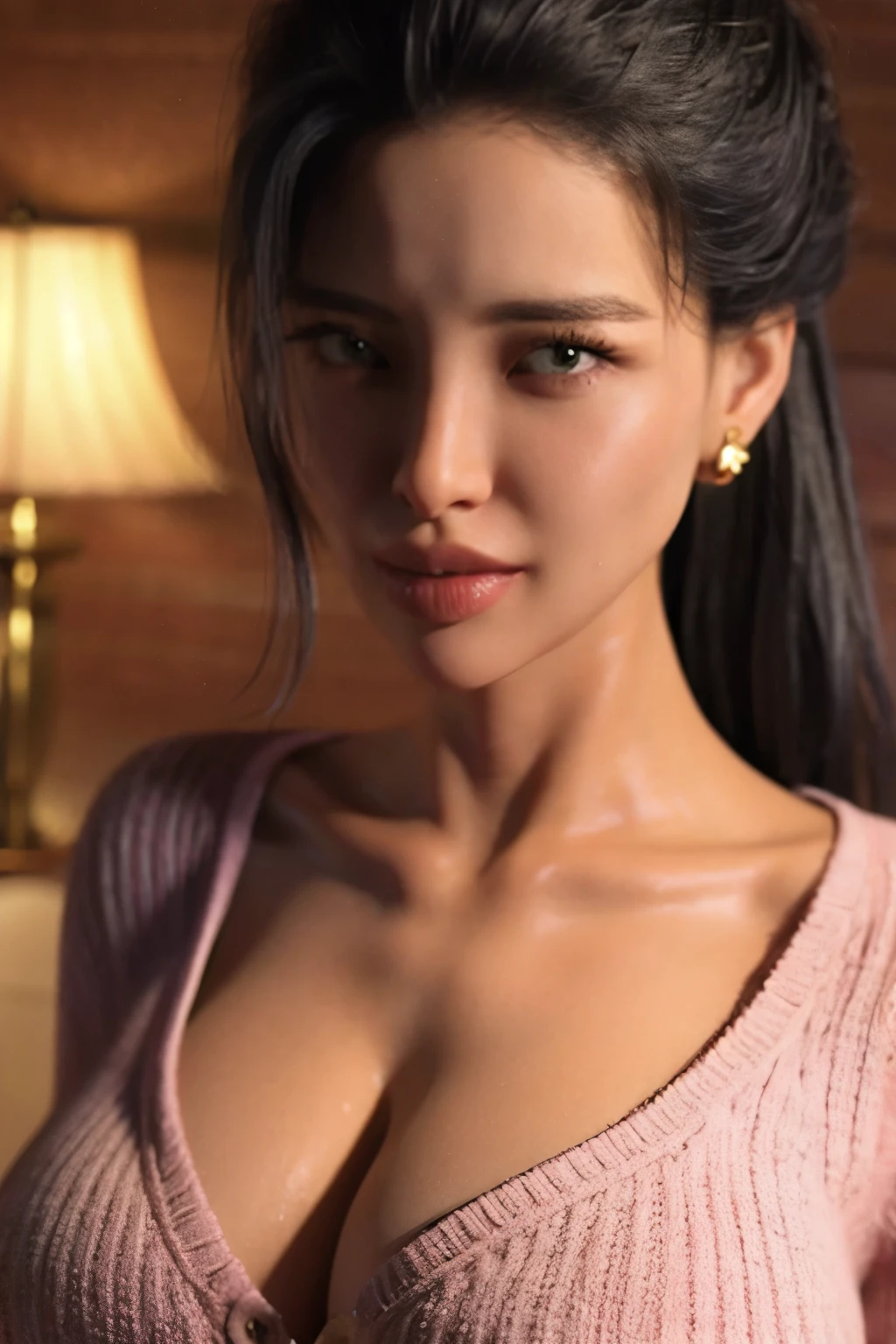 (masterpiece, best quality: 1.2),colloid， Sexy eyes，The expression of kissing，Wet pink and white sexy lips， colloid皮肤，Full picture，earrings（（sweater））